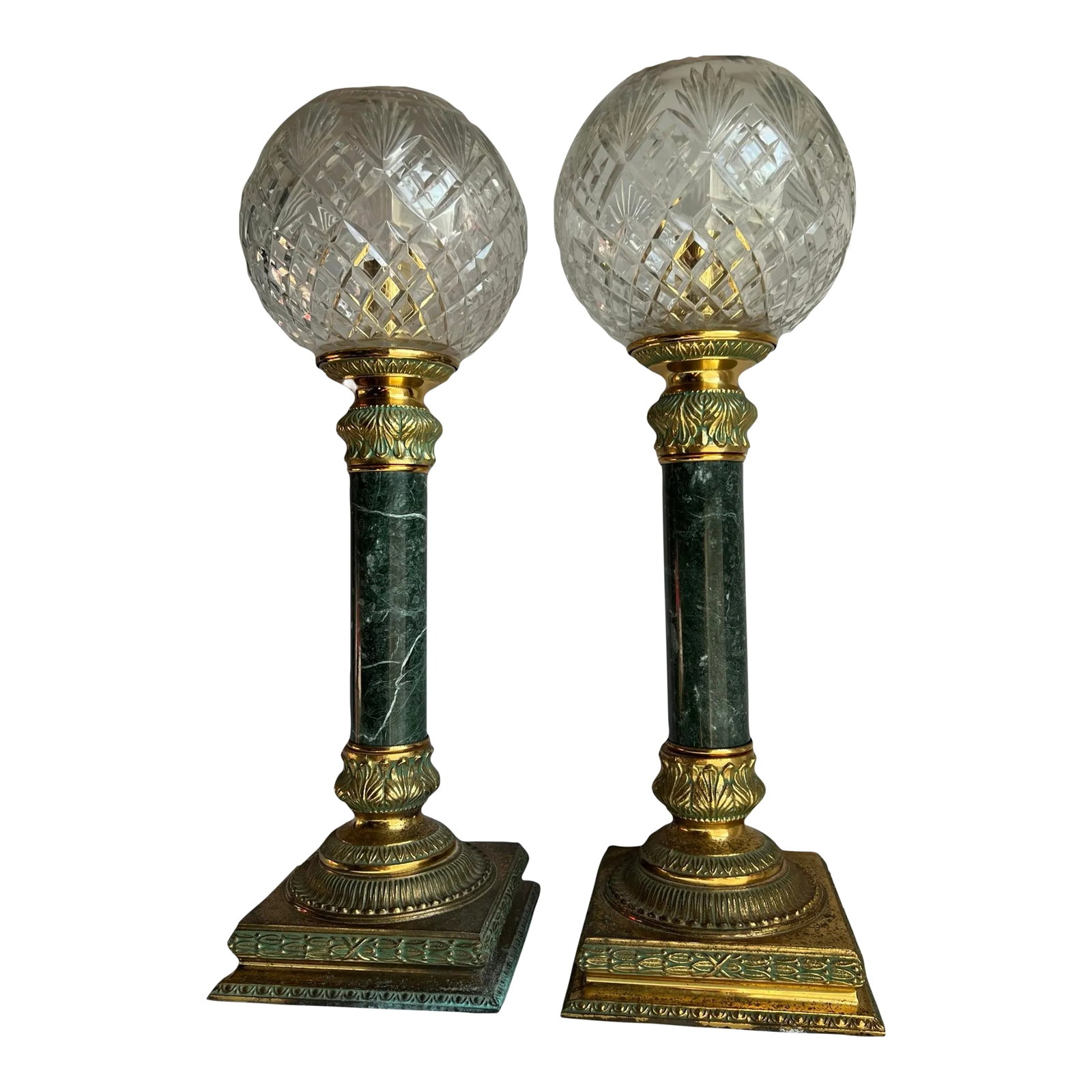 Vintage Art Deco Style Crystal Globe Brass Torch Lamps - a Pair: This pair of matching lamps feature sage green marbleized structural columns, genuine cut crystal globe orb shades over incandescent chandelier lighting with brass spacers and bases. These are large, 