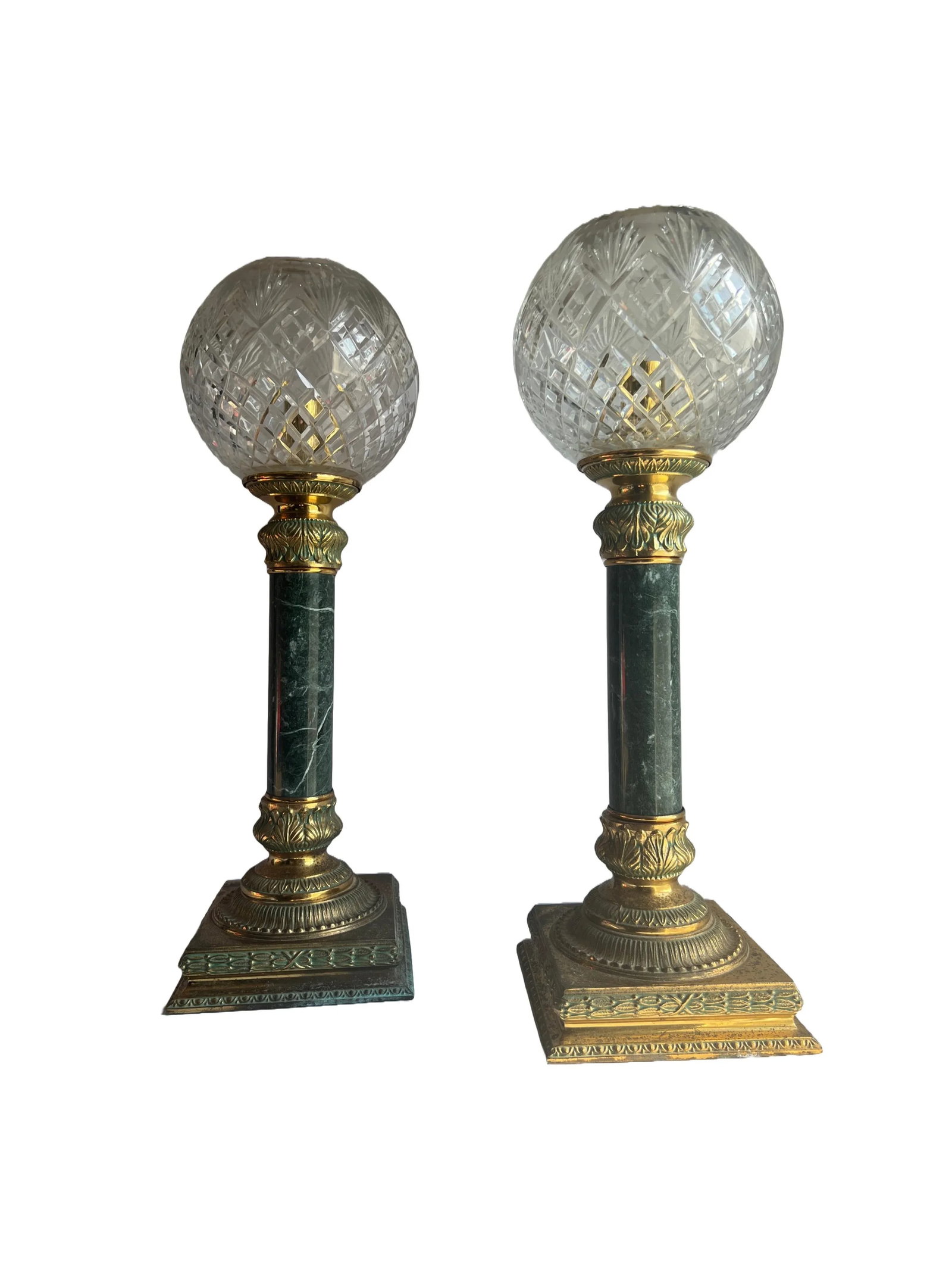 Vintage Art Deco Style Crystal Globe Brass Torch Lamps - a Pair - 2