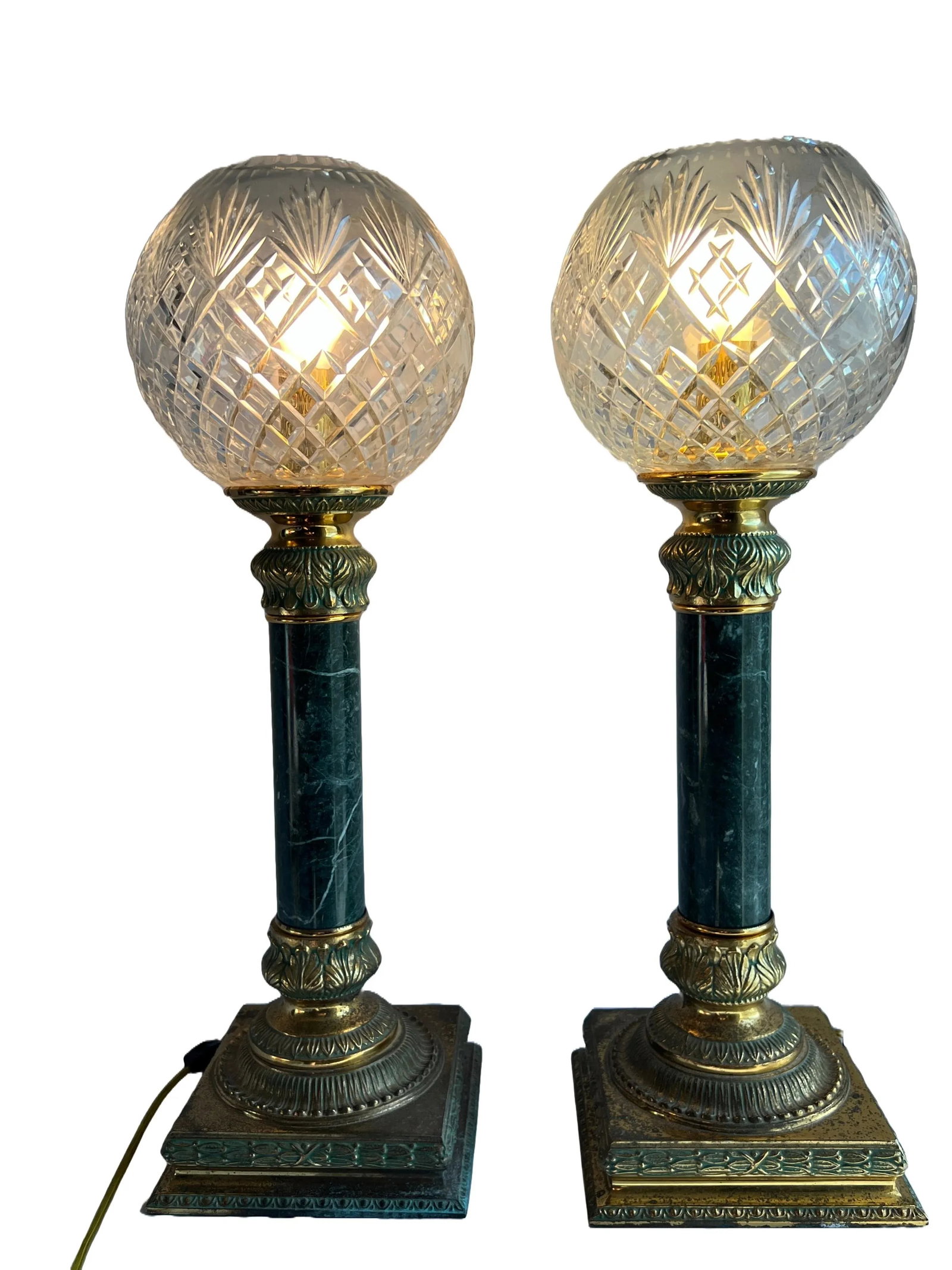 Vintage Art Deco Style Crystal Globe Brass Torch Lamps - a Pair - 3