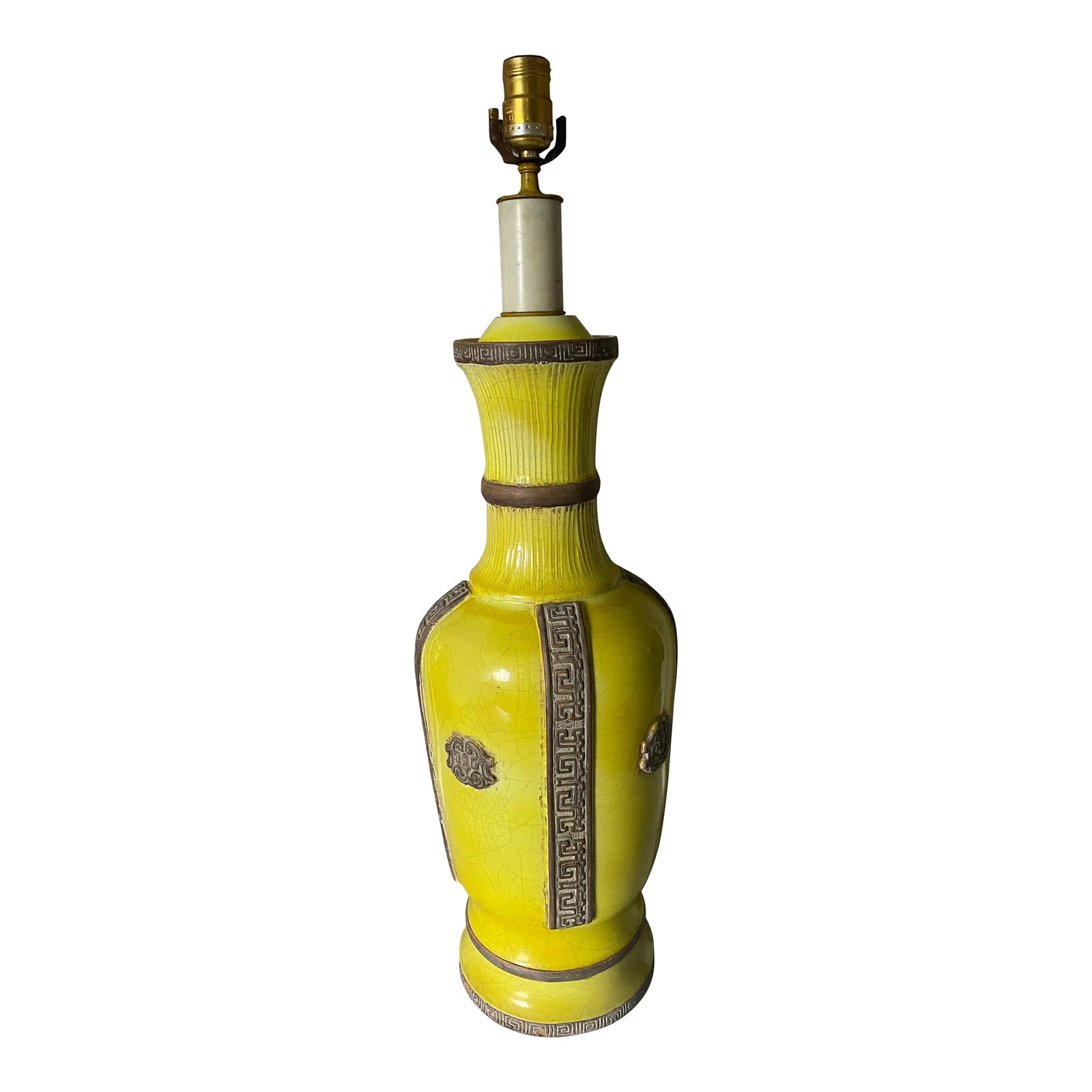 Extra Large Vintage James Mont Style Glazed Italian Pottery Lamp: marked italy on bottom hollywood regency james mont style terracotta or pottery lamp wonderful lemon yellow crazed urn shape greek key banding and raised medallions EXTRA LARGE & RARE also no harp