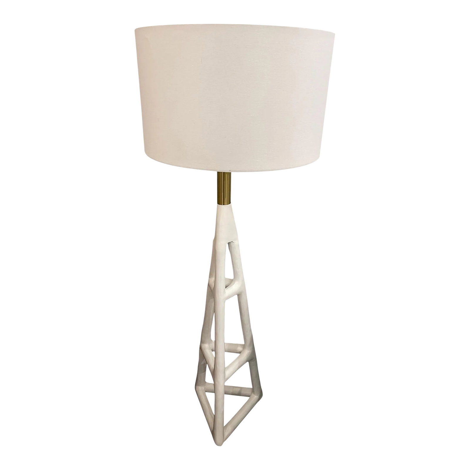 Regina Andrews Tanner Steel Floor Lamp: Tanner floor lamp is white hot with a hand-textured steel frame base and natural brass hardware accents. The oversized crisp and clean white drum shade balances its proportions. At over 5 feet tall,