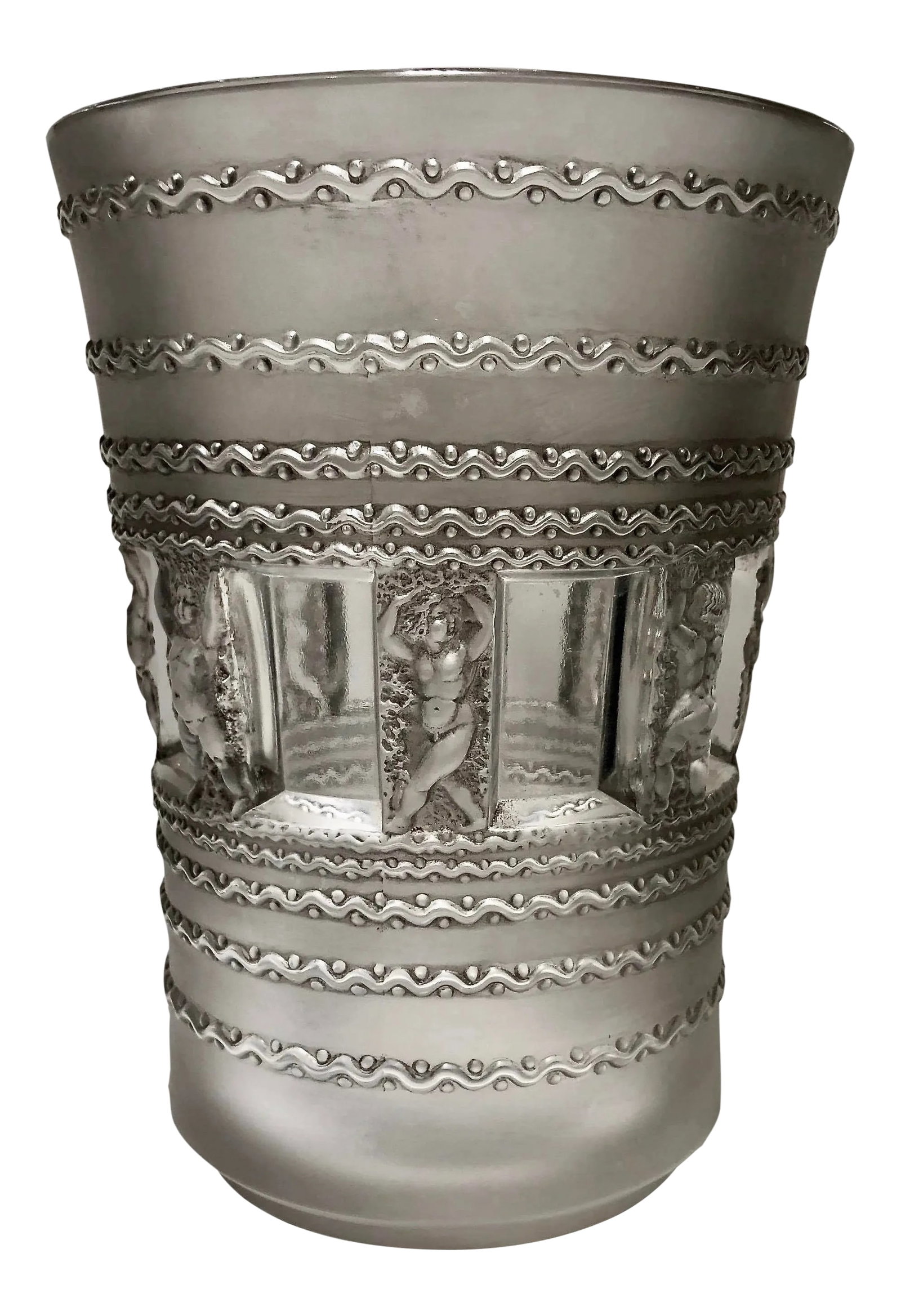 Vintage R. Lalique "Florence" Vase: Rene Lalique (1860-1945). Vase "Florence" in clear/frosted light grey wash press-molded glass. Signature "R.Lalique-France". Model created in 1932. Measures: H: 7 3/8 in. Bibliographie: Marcilhac Feli