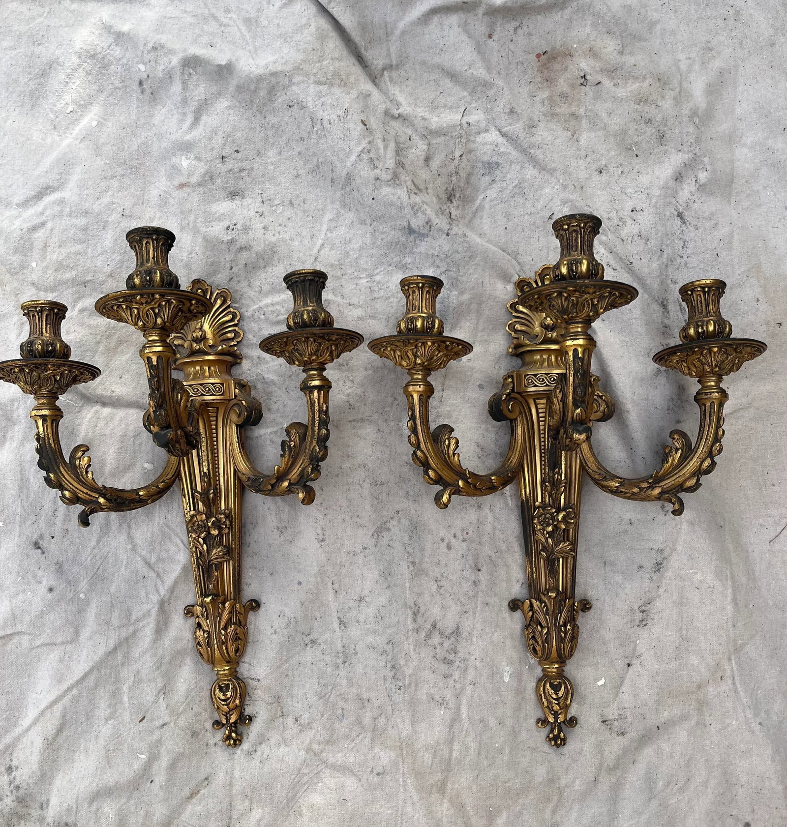 Pair of Early 20th Century French Bronze 3-Arm Sconces - 12