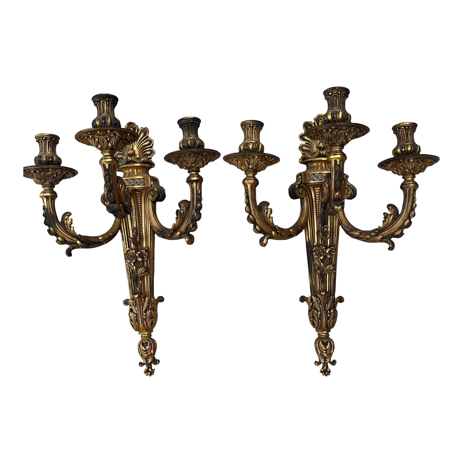 Pair of Early 20th Century French Bronze 3-Arm Sconces: Impressive pair of early 20th C. French-style gilt bronze (3) arm sconces: these beauties have never been electrified: The gold gilt is original. Intricately detailed acanthus leaves, a French shell m
