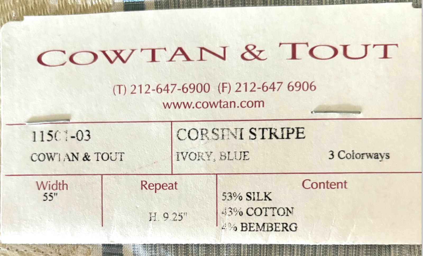 Cowtan & Tout Corsini Stripe Ivory/Blue Bolt of Fabric - 6.5 Yards - 4