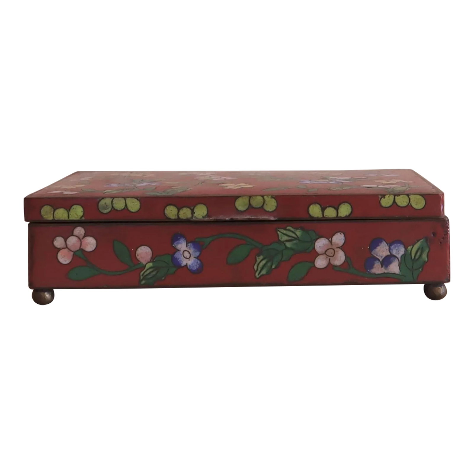 Antique Red Cloisonne Rectangular Hinged Lid Box: Early 20th century lidded cloisonne rectangular box. Brass construction with hinged lid. Ruby red decorated with colorful flora. Bright blue enamel interior with small compartments. Condition:
