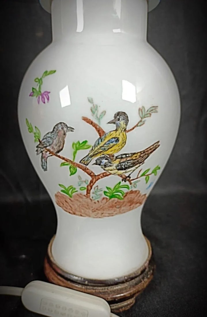 Vintage 20th Century Ceramic Lampshade Base With Bird and Flower Design - 4