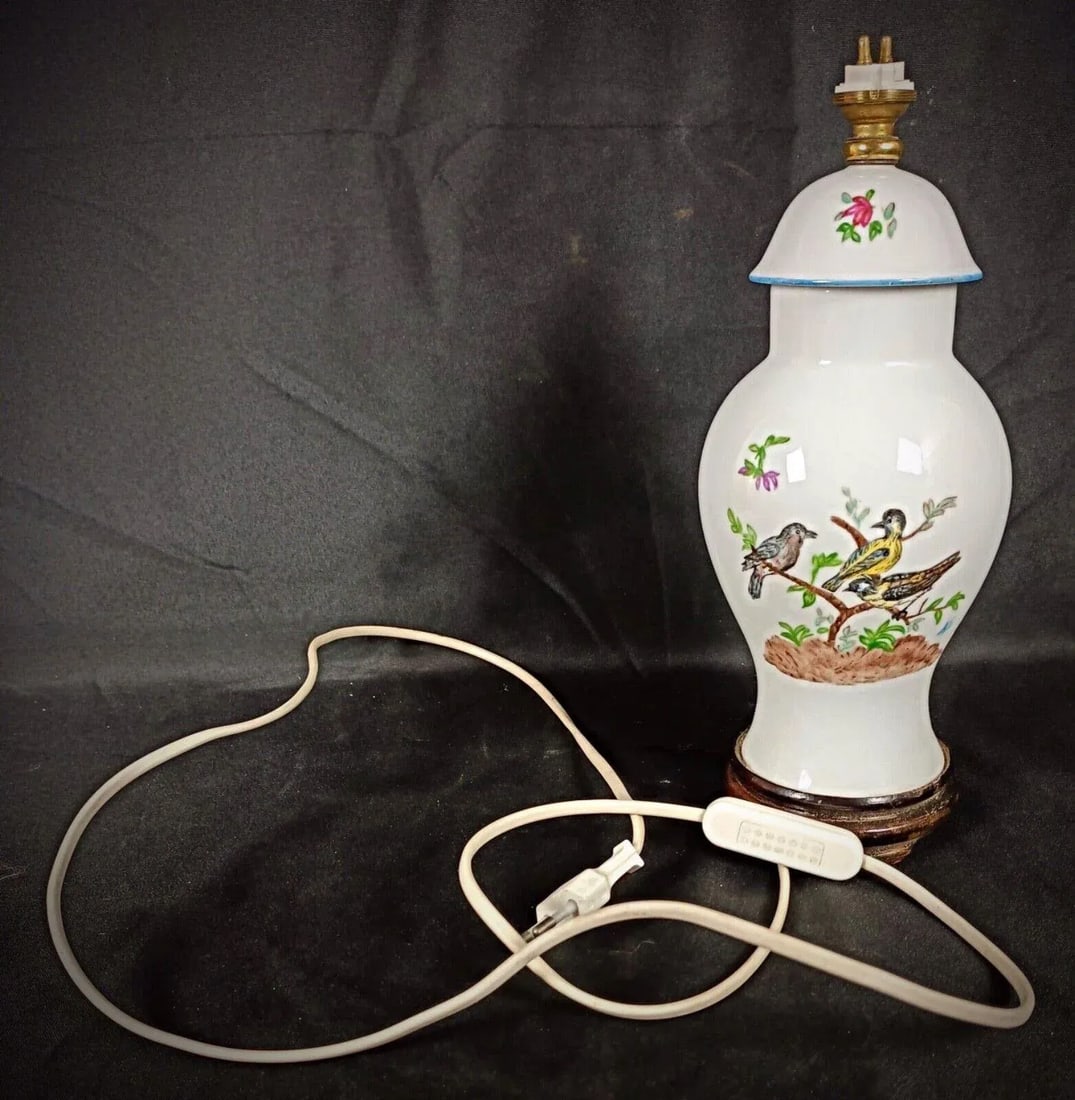Vintage 20th Century Ceramic Lampshade Base With Bird and Flower Design - 6