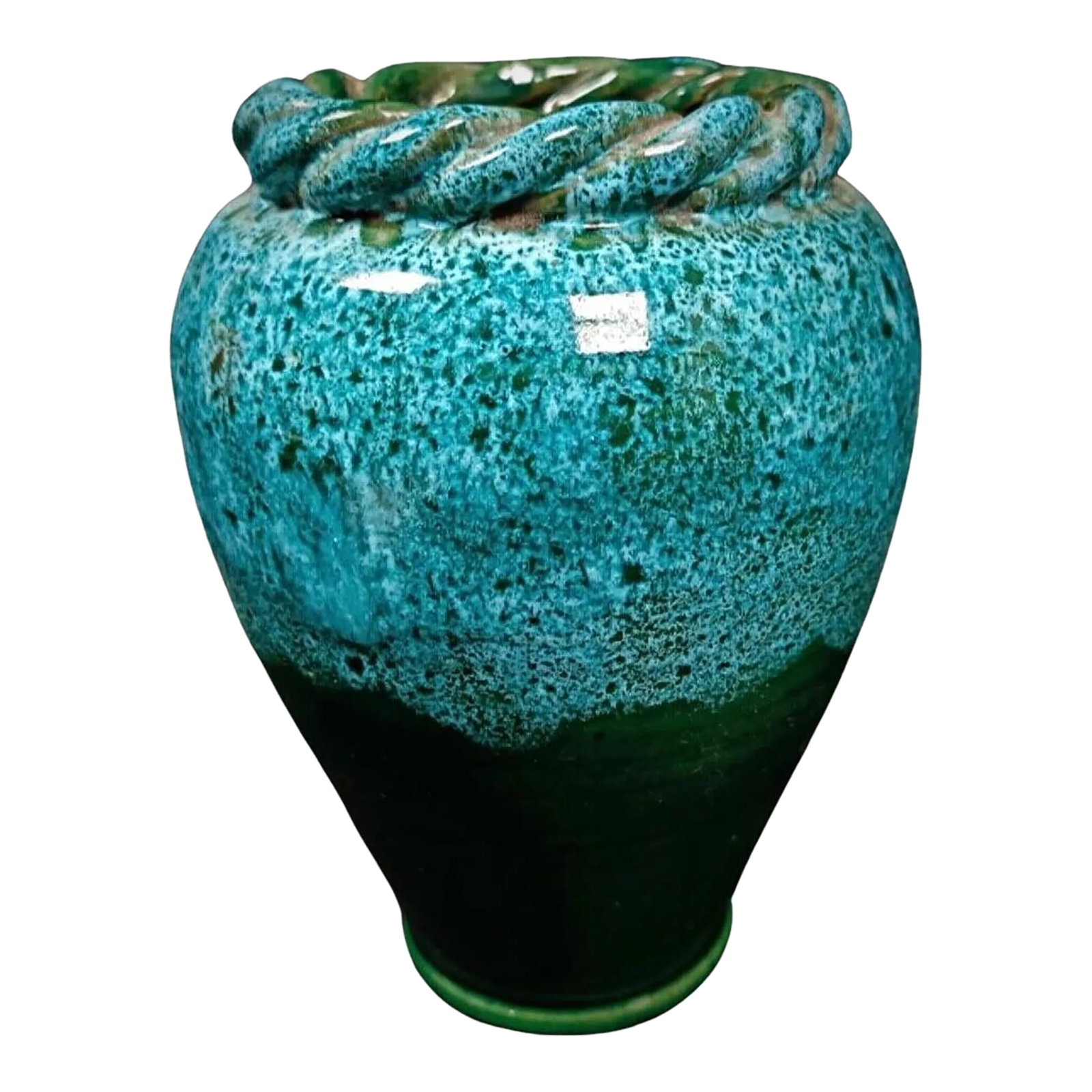 Vintage Enameled Vase With Twisted Rim - Multicolored Ceramic: This charming vintage enameled vase is a delightful decorative piece, perfect for adding a touch of elegance to any space. The vase features a unique twisted rim and is crafted from ceramic with a bea