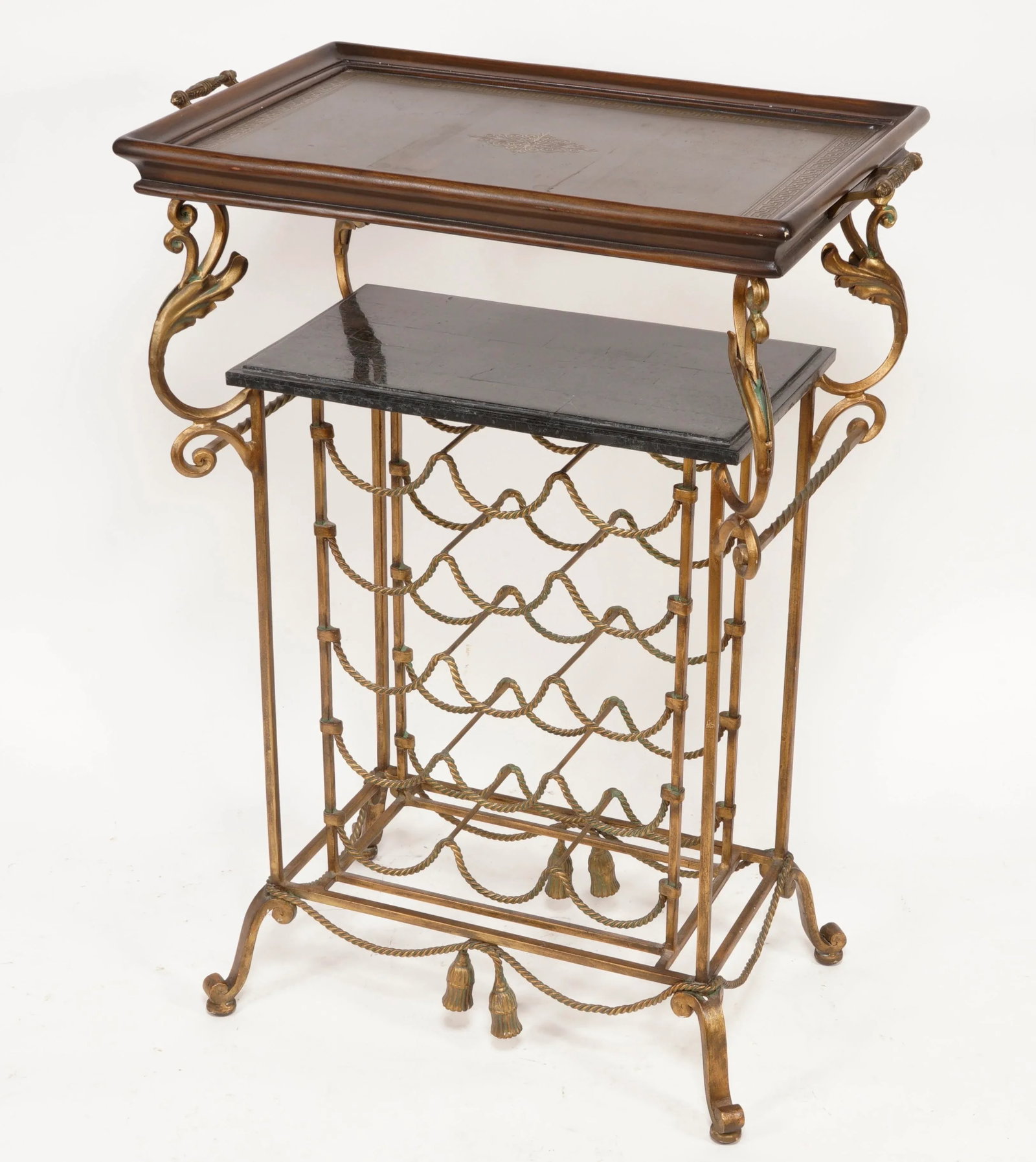 Vintage Wrought Iron Marble and Brass and Walnut Wine Rack in the Style of Maitland Smith - 12