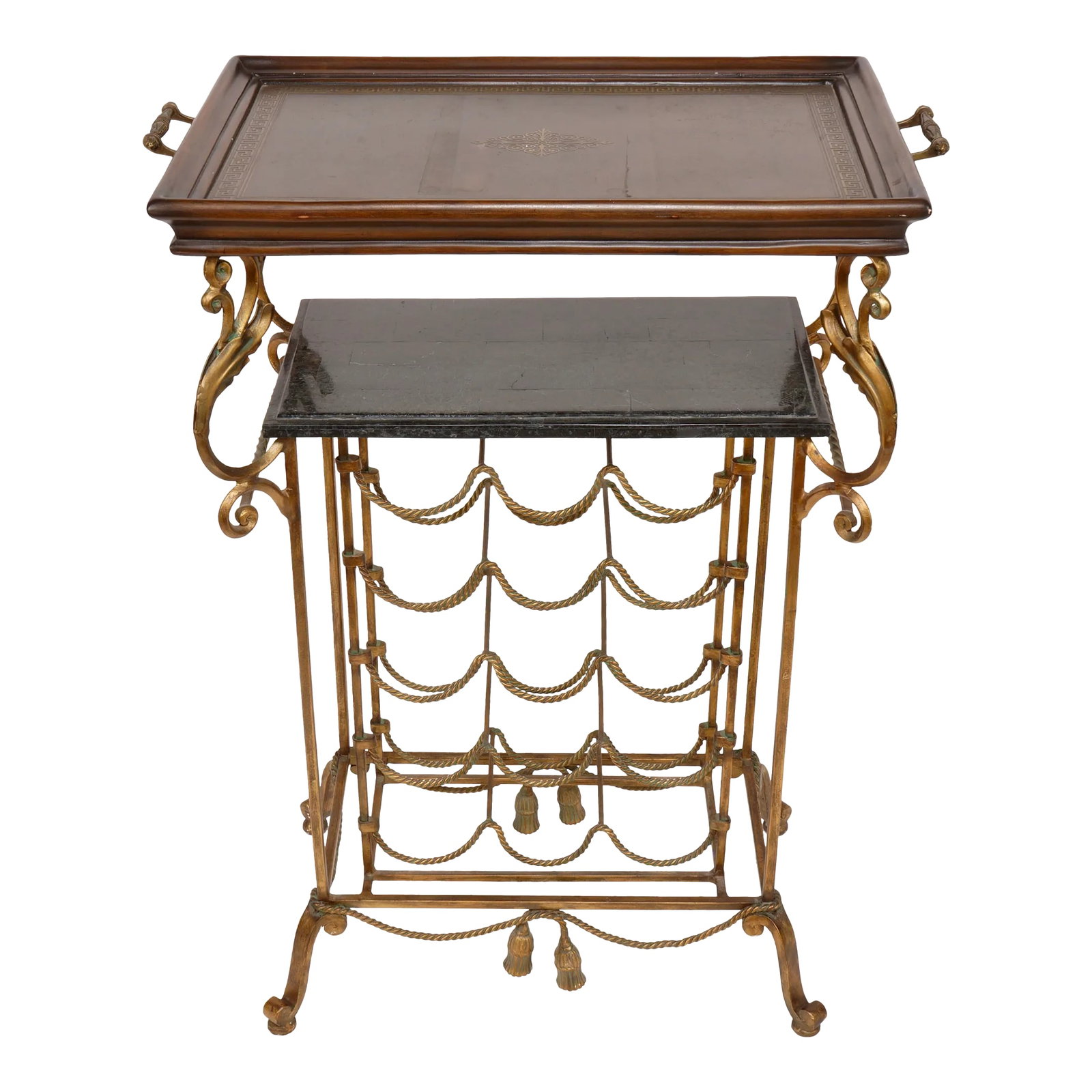 Vintage Wrought Iron Marble and Brass and Walnut Wine Rack in the Style of Maitland Smith (1 of 12)