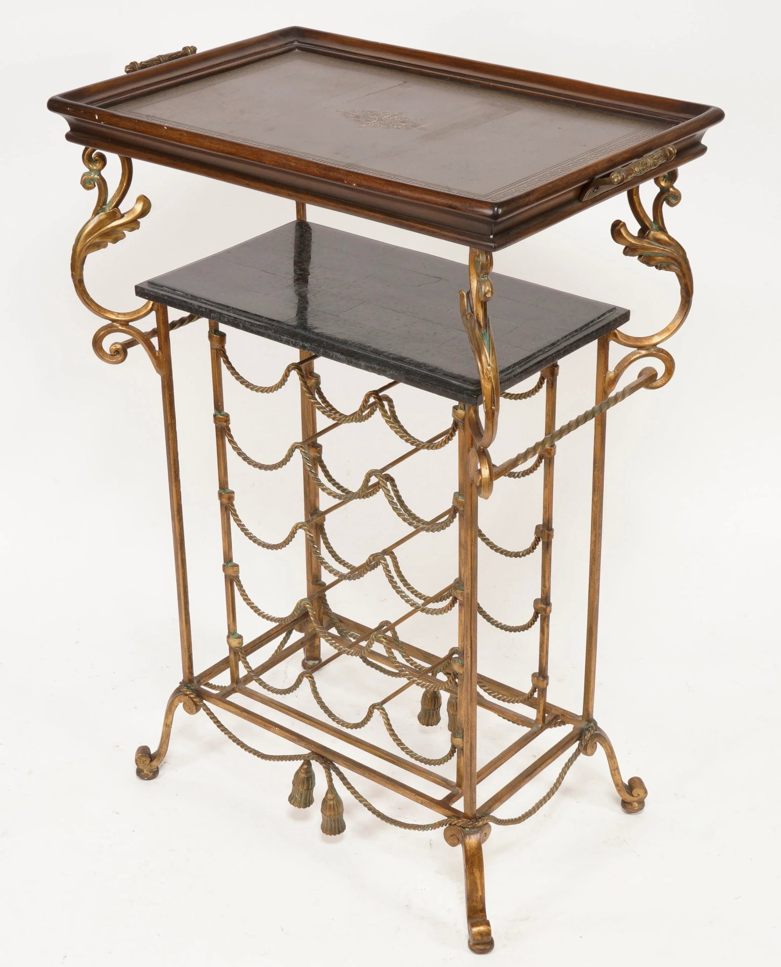 Vintage Wrought Iron Marble and Brass and Walnut Wine Rack in the Style of Maitland Smith - 2