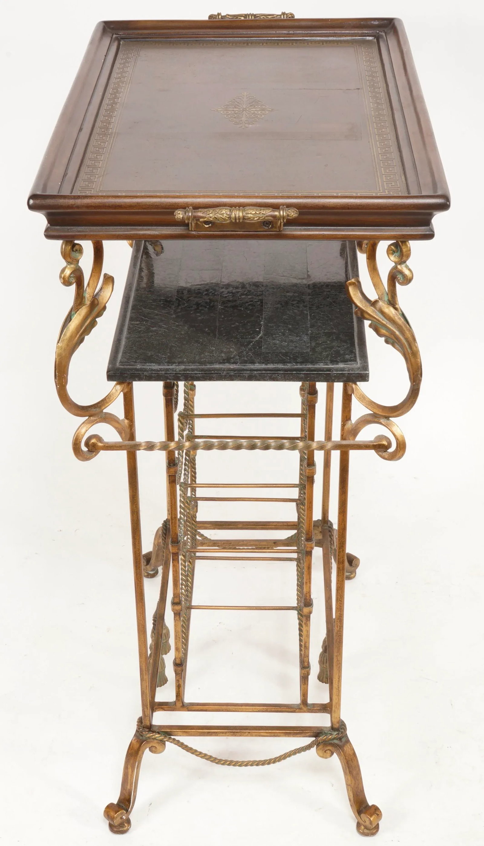 Vintage Wrought Iron Marble and Brass and Walnut Wine Rack in the Style of Maitland Smith - 3
