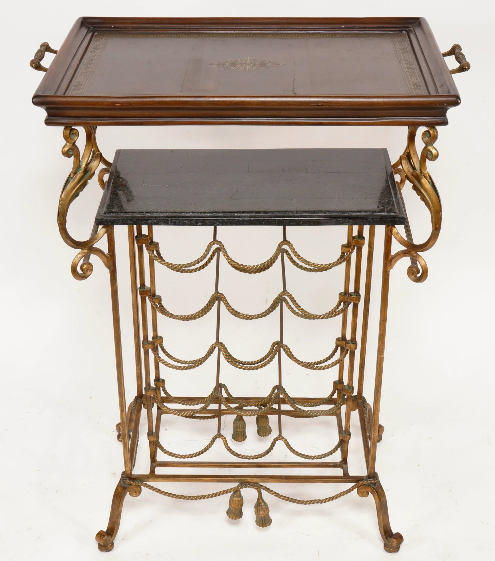 Vintage Wrought Iron Marble and Brass and Walnut Wine Rack in the Style of Maitland Smith - 4