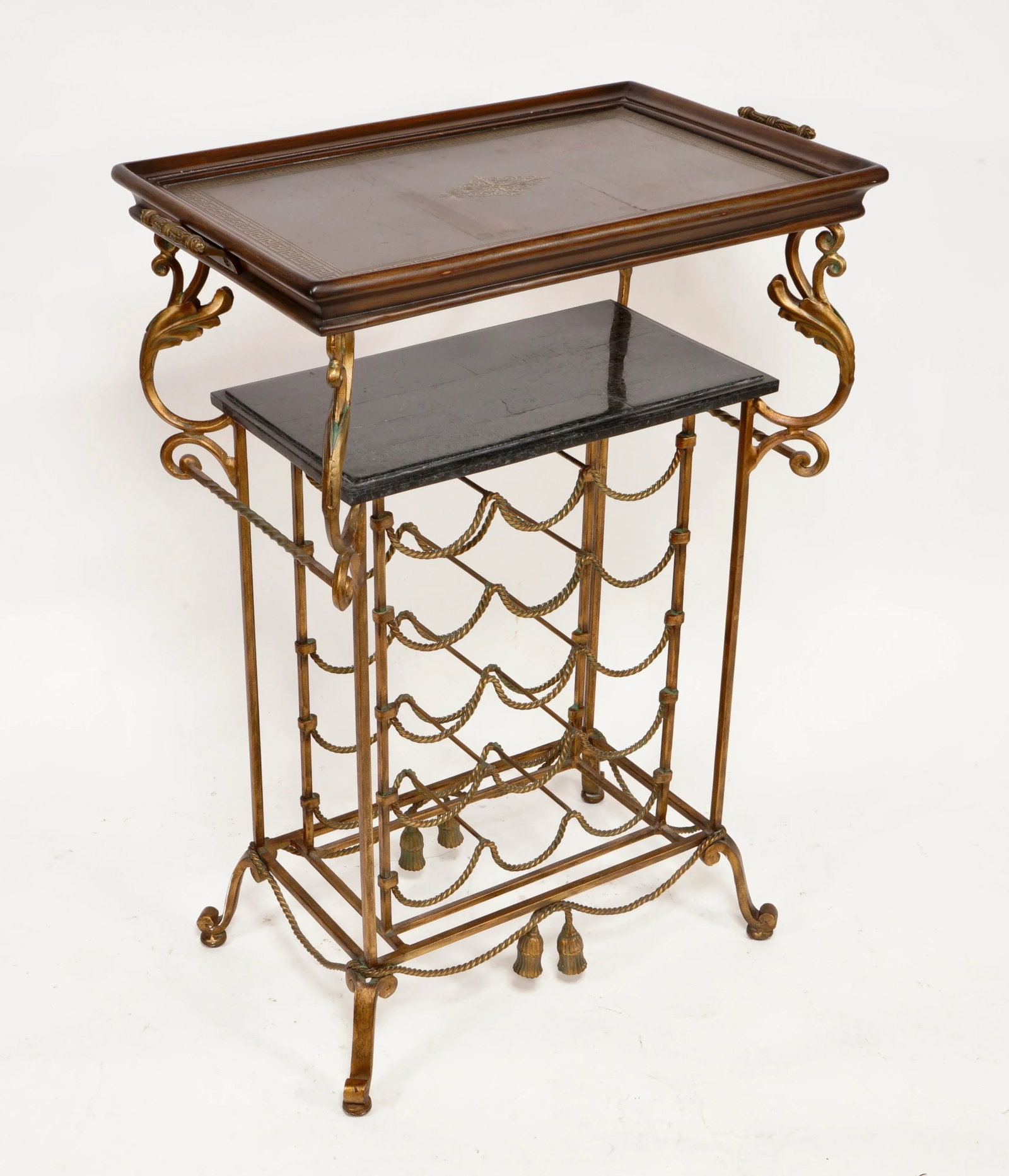 Vintage Wrought Iron Marble and Brass and Walnut Wine Rack in the Style of Maitland Smith - 5