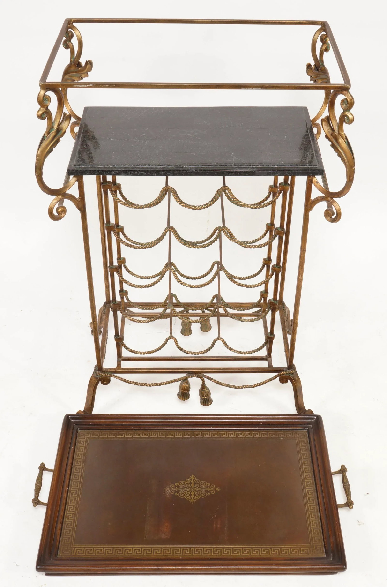 Vintage Wrought Iron Marble and Brass and Walnut Wine Rack in the Style of Maitland Smith - 7