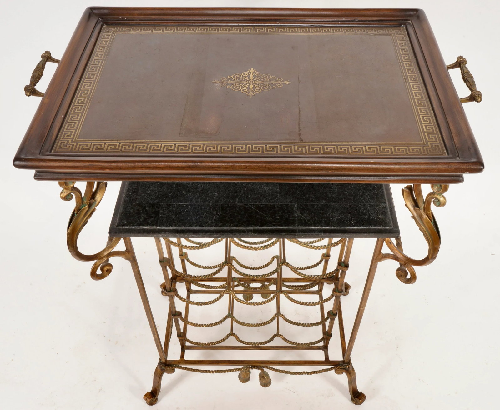 Vintage Wrought Iron Marble and Brass and Walnut Wine Rack in the Style of Maitland Smith - 9