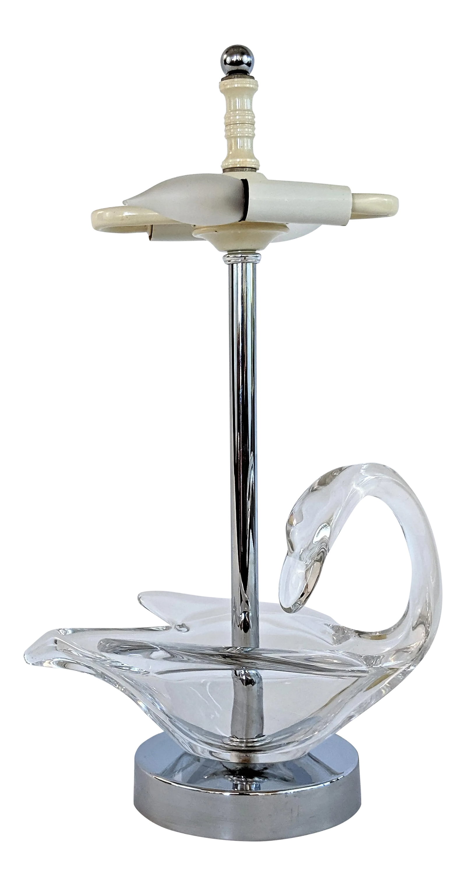 1970s Cofrac Art Verrier Swan Glass Lamp: French Crystal Swan Shaped Table Lamp with Chrome Base by COFRAC Art Verrier France. Great Condition, no chips or repairs. NOTE: NO SHADE INCLUDED. Condition: Alterations: Original Condition Unaltered