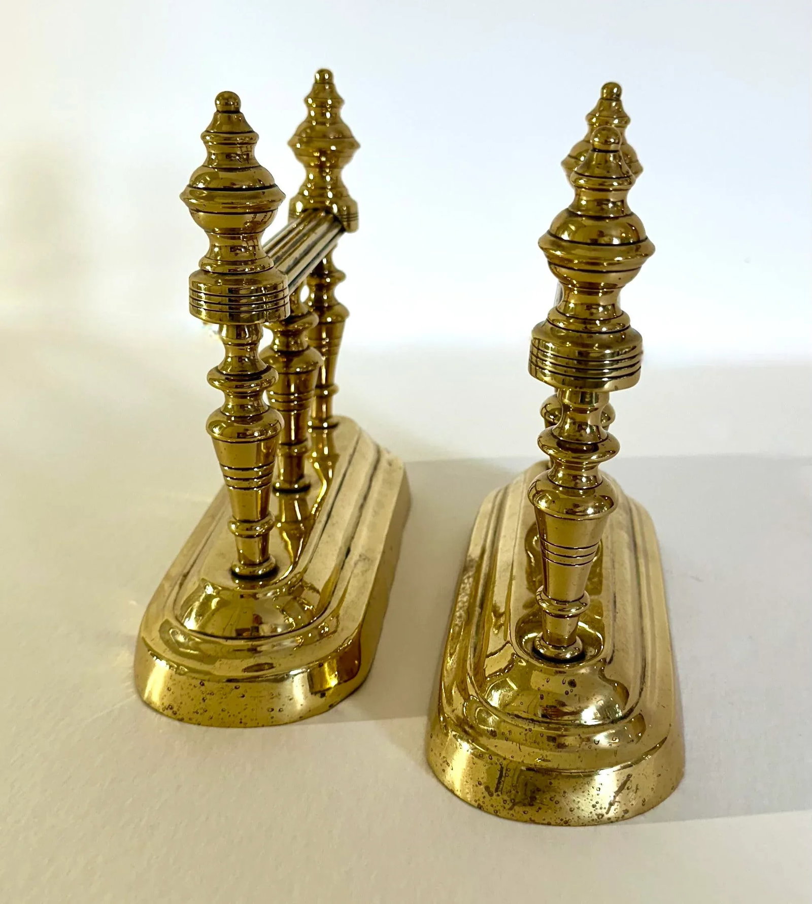 Pair of Victorian British Decorative Turned Brass Fire Dogs - 2
