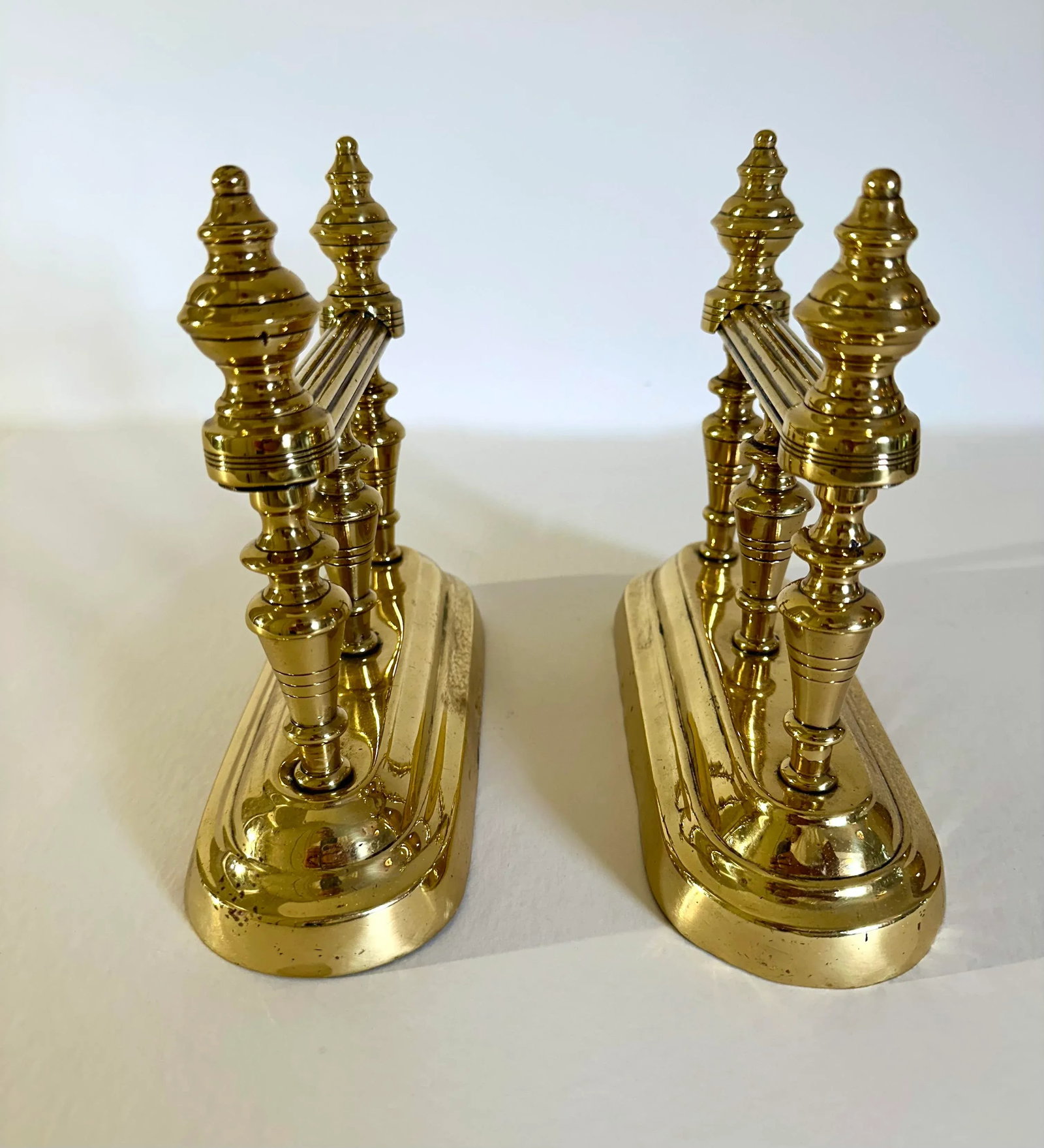 Pair of Victorian British Decorative Turned Brass Fire Dogs - 3