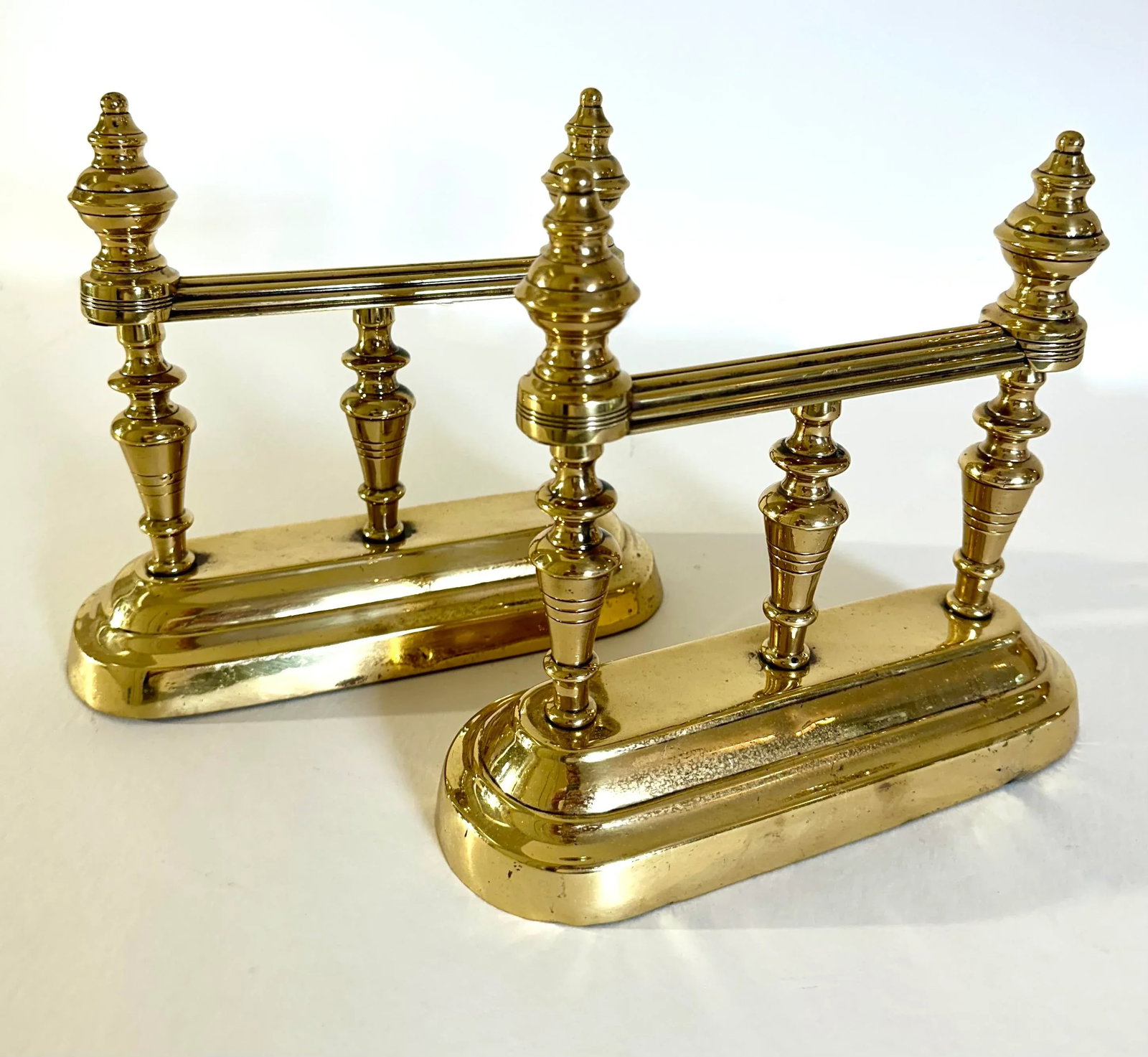 Pair of Victorian British Decorative Turned Brass Fire Dogs - 4