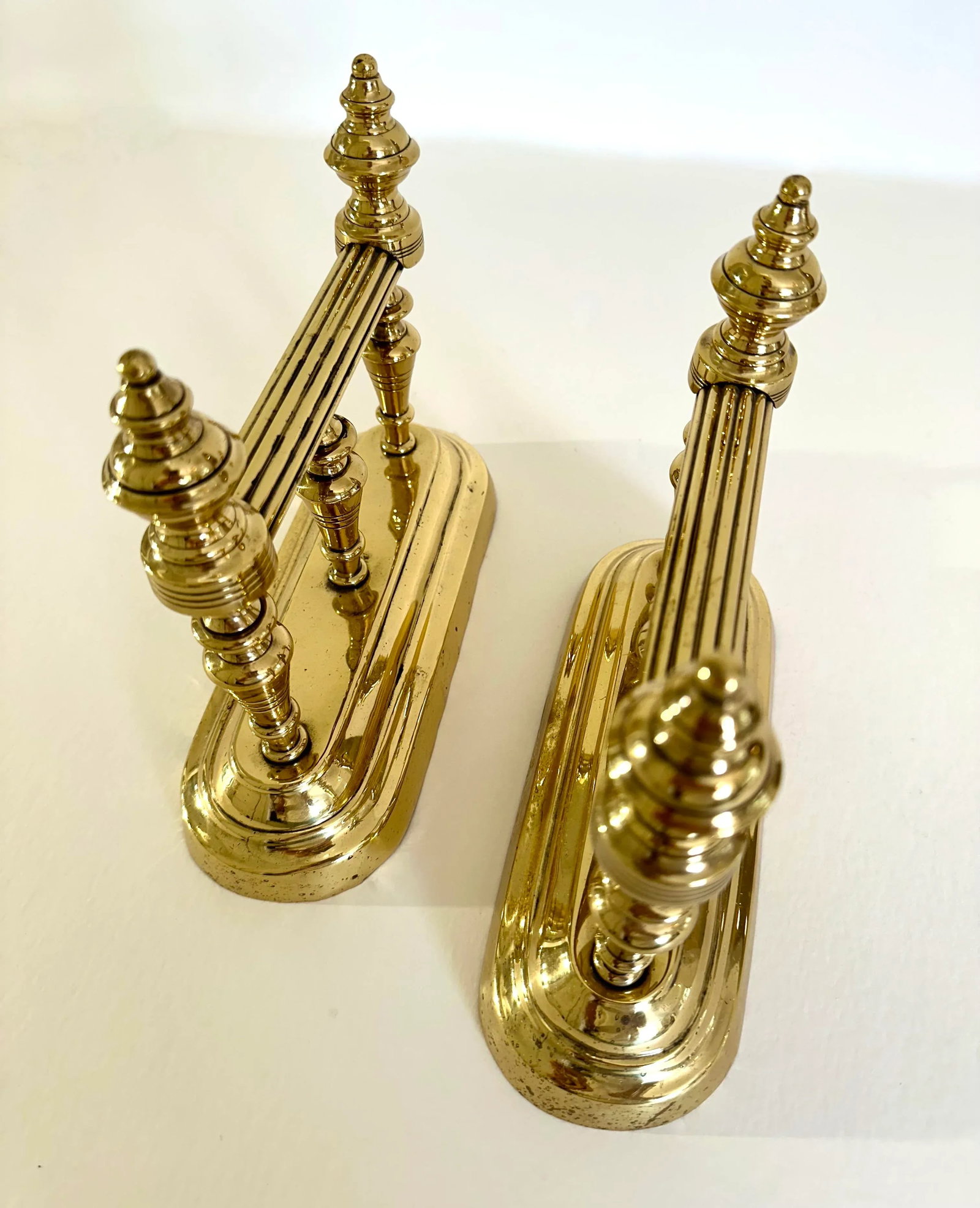 Pair of Victorian British Decorative Turned Brass Fire Dogs - 5