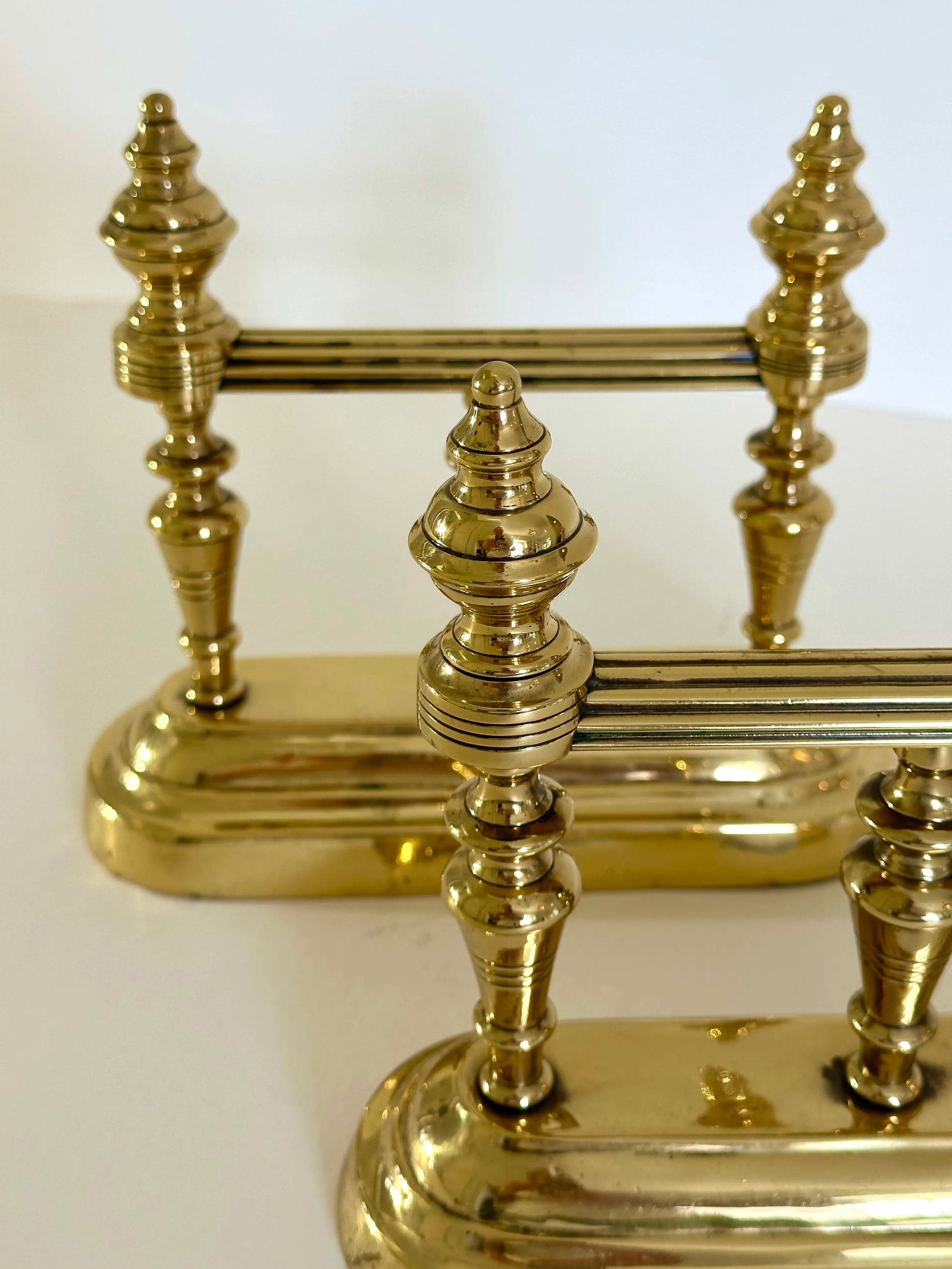 Pair of Victorian British Decorative Turned Brass Fire Dogs - 6