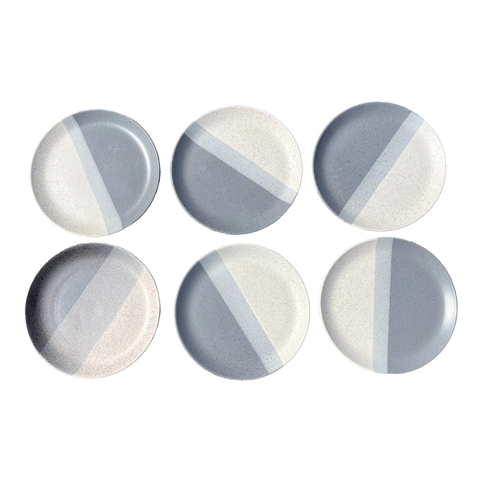 1990s Beach House Dinner Plates- Set of 6: Styled for the beach house, or seaside cottage, a set of set hand glazed dinner plates in a glaze to suggest sand, sea, and sky, in cool watery pigments. The glaze differs on each plate, with a percei