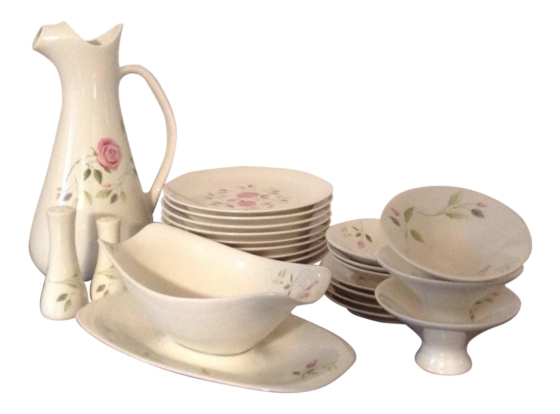 Iroquois China Ben Siebel Design Impromptu Wild Rose Dinnerware Set: Fine 26-pc set of midcentury dinnerware from Iroquois Impromptu English China, made in the USA in the Wild Rose pattern from 50s designer Ben Seibel. Discontinued 1958. Set is in overall great vintage