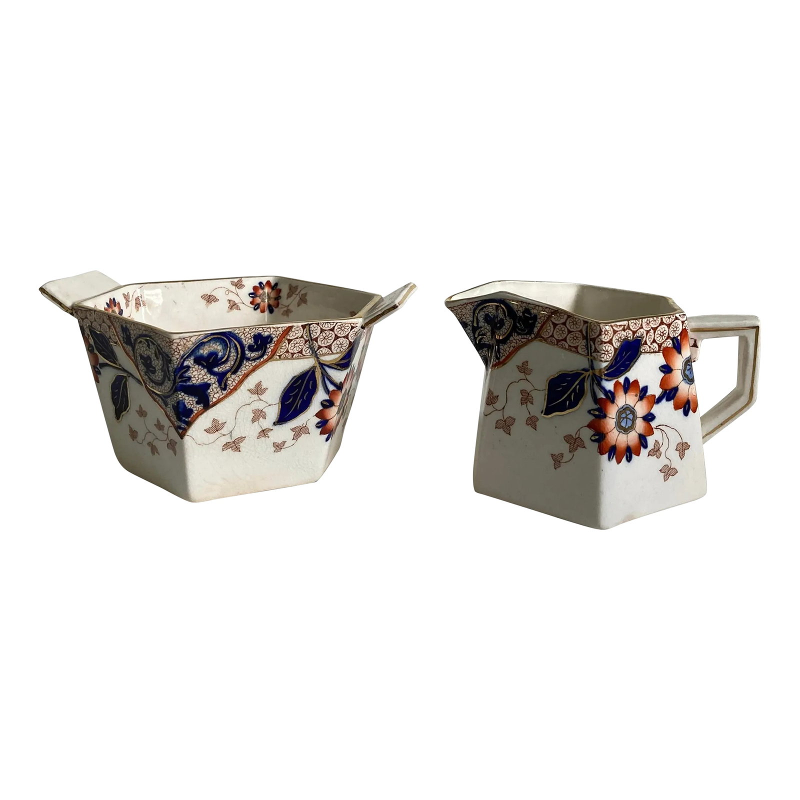 1890s, Ridgways Stoke on Trent Staffordshire Cream & Open Sugar Bowl Set with Hand Painted Floral De: An antique, Circa 1890, hand painted cream and open sugar bowl set by Ridgways, Stoke on Trent Staffordshire, in a richly colored (cobalt & rust), with gold rim detailing in the Aesthetic Movement