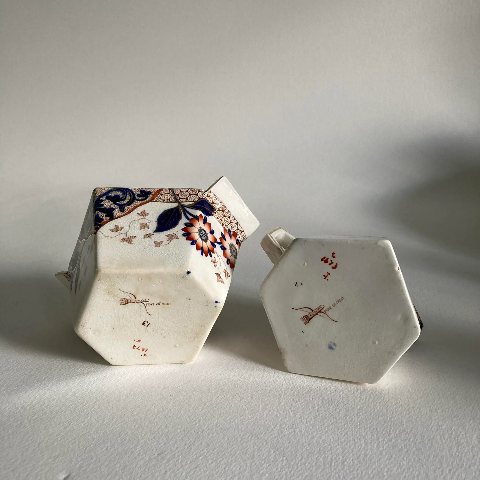 1890s, Ridgways Stoke on Trent Staffordshire Cream & Open Sugar Bowl Set with Hand Painted Floral De - 4