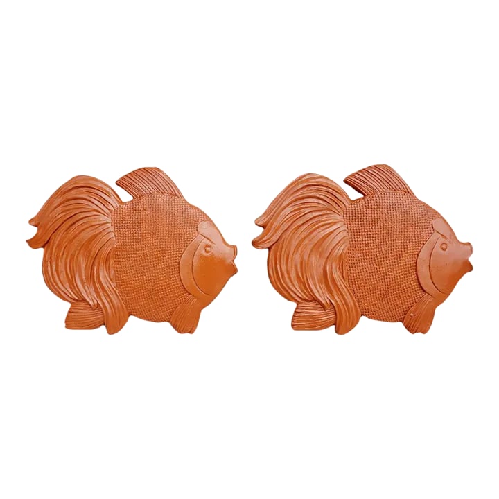 Mid 20th Century Terra Cotta Outdoor Concrete Fish Figures - Set of 2: Miami - Palm Beach set of 2 vintage concrete fish for wall. These happy, all concrete marine figures (e.g., fish, dolphins, octopuses) were made in Florida to adorn patios and exterior walls of Florid