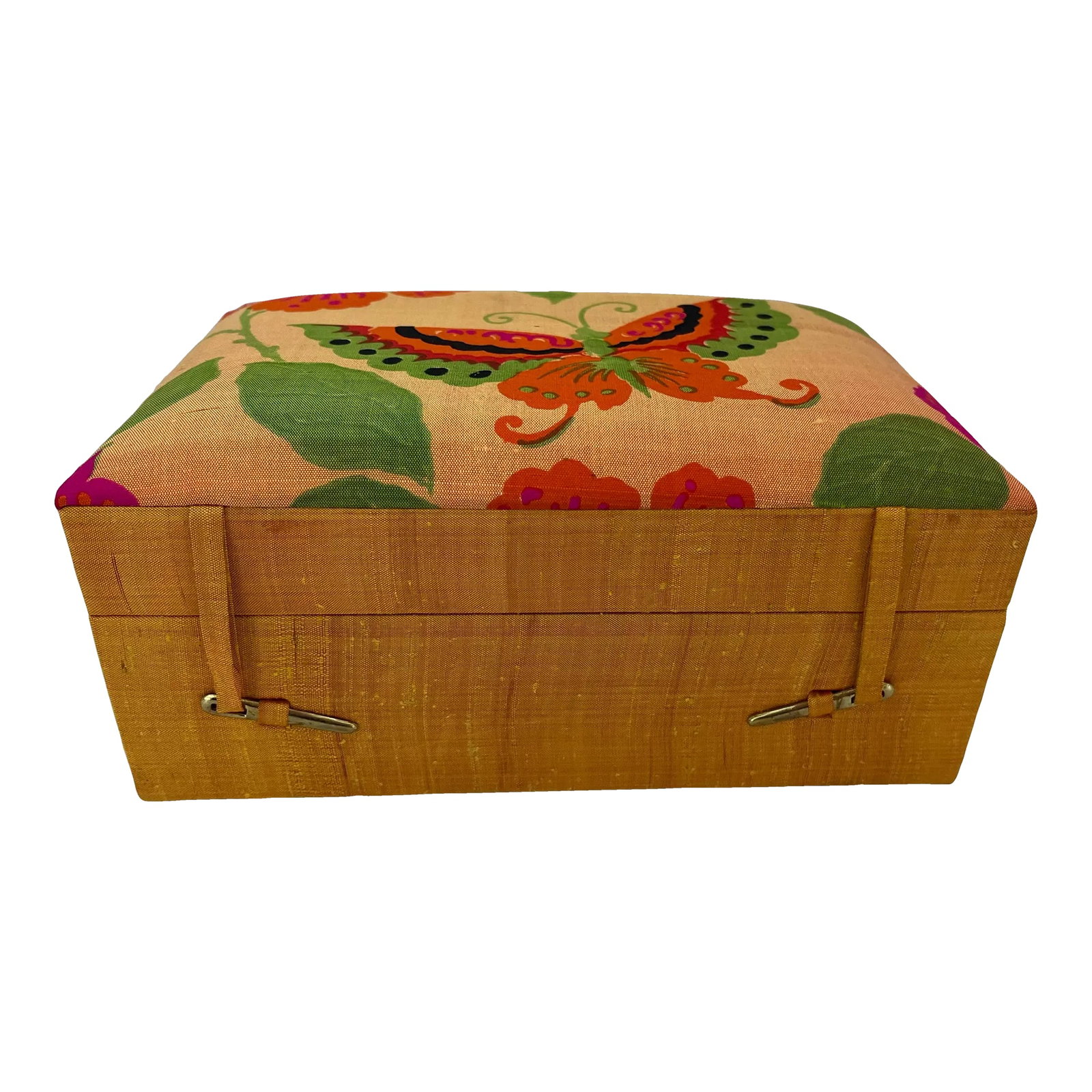 1970s Handwoven Thai Silk Butterfly Jewelry Box With Ring Rolls: A vibrant vintage jewelry box covered in handwoven Thai silk, featuring a striking butterfly and floral textile in rich tropical hues. Crafted in Thailand and labeled Handwoven Pure Silk, the box open