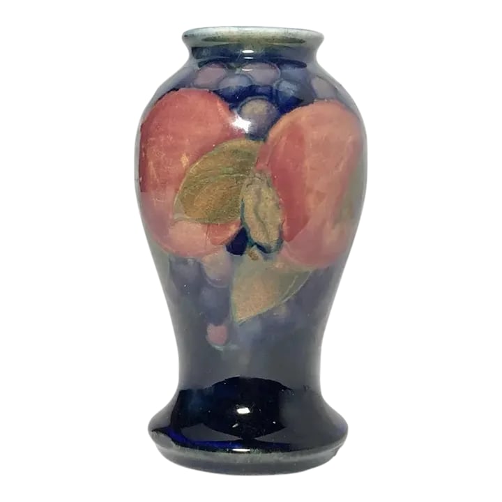 1920s Moorcroft "Pomegranate" Mini Ceramic Bud Vase: 1920s Moorcroft "Pomegranate" Mini Ceramic Bud Vase, 4" Signed Great antique condition. Chipped on rim during production and glazed over. No other chips, cracks, or fleabites. Crazing evident on
