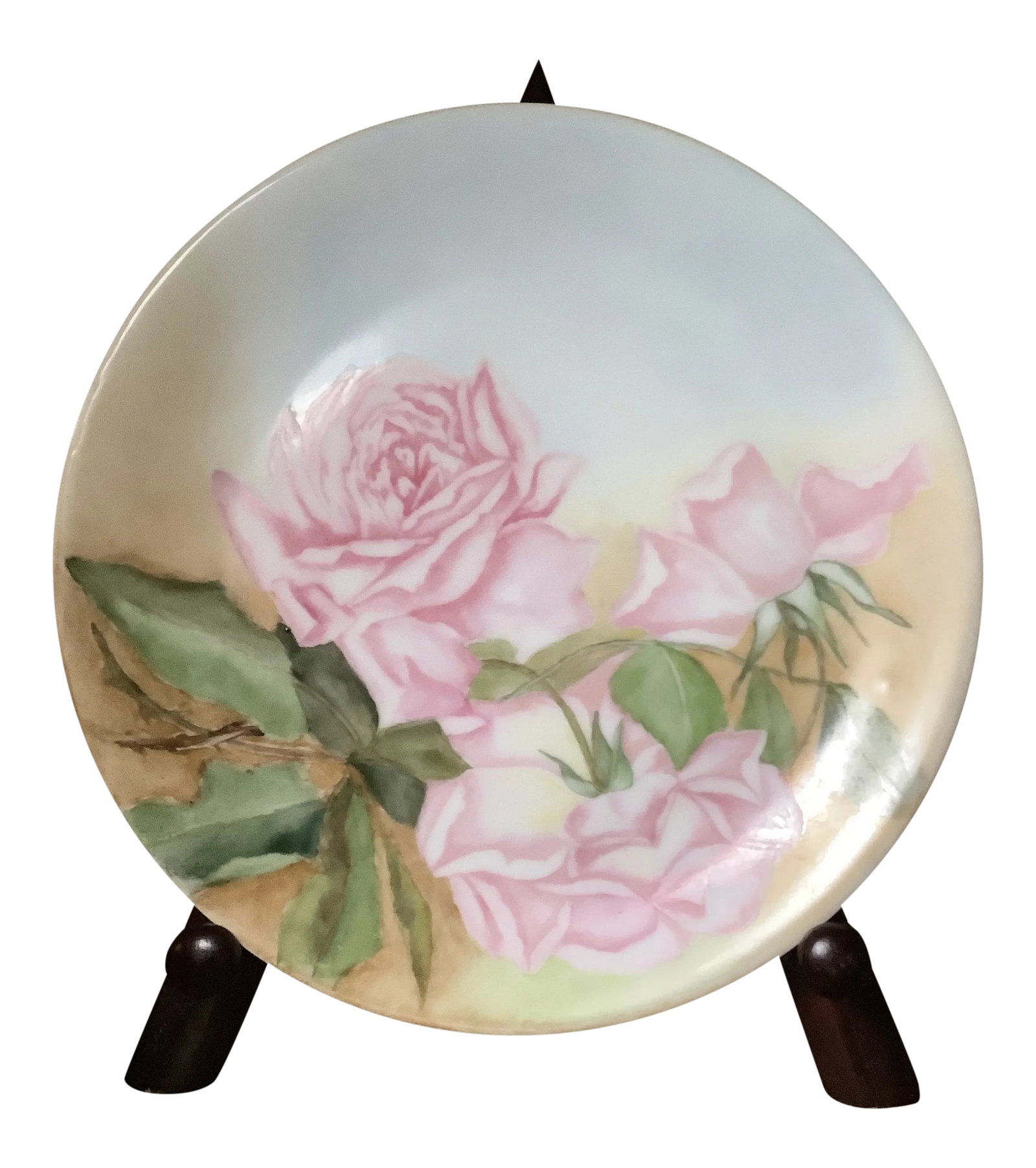 Bavarian Wall Art Hand Painted Plate Features Cabbage Roses: Stunning Bavarian charger featuring a fine painting of hand painted cabbage roses in delicate hues of pink and green. Marked Royal Crescent China Bavaria Beautiful vintage condition to the painting.