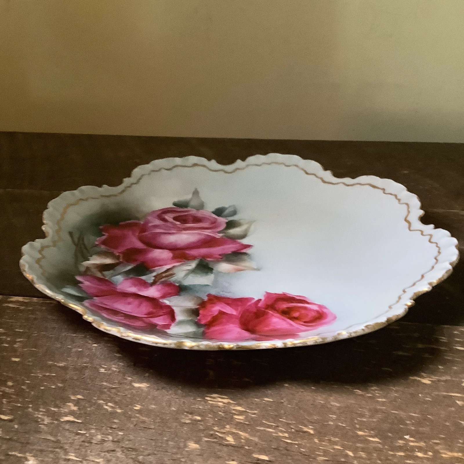 Bavarian Hand Painted Cabinet Plate Charger - Wall Art Featuring Cabbage Roses - 11