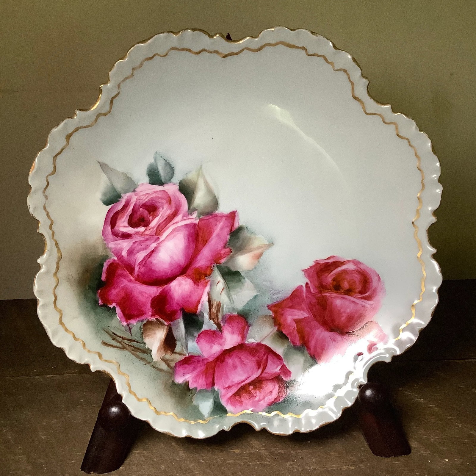 Bavarian Hand Painted Cabinet Plate Charger - Wall Art Featuring Cabbage Roses - 12
