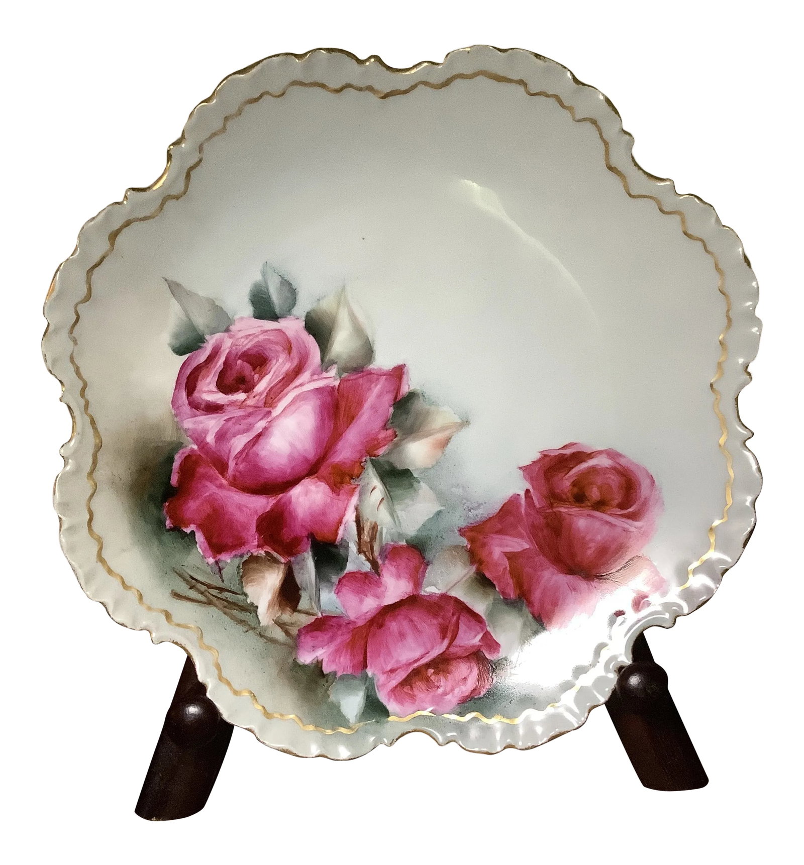 Bavarian Hand Painted Cabinet Plate Charger - Wall Art Featuring Cabbage Roses: Stunning Bavarian charger with scalloped rim featuring large hand painted cabbage roses in bold vibrant colors. Marked Monbijou Bavaria with the R&C crown and crossed swords. This mark was introduced