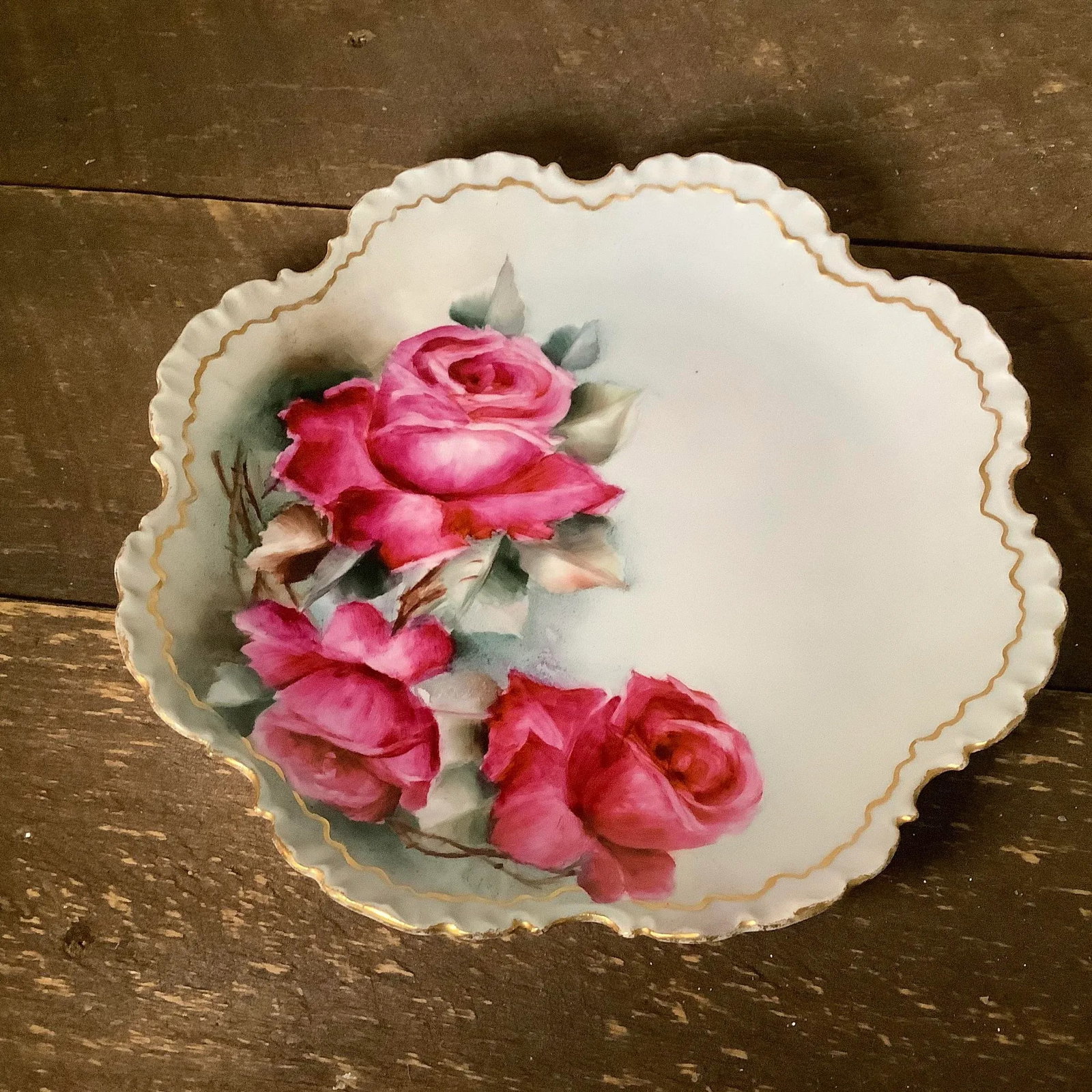 Bavarian Hand Painted Cabinet Plate Charger - Wall Art Featuring Cabbage Roses - 2
