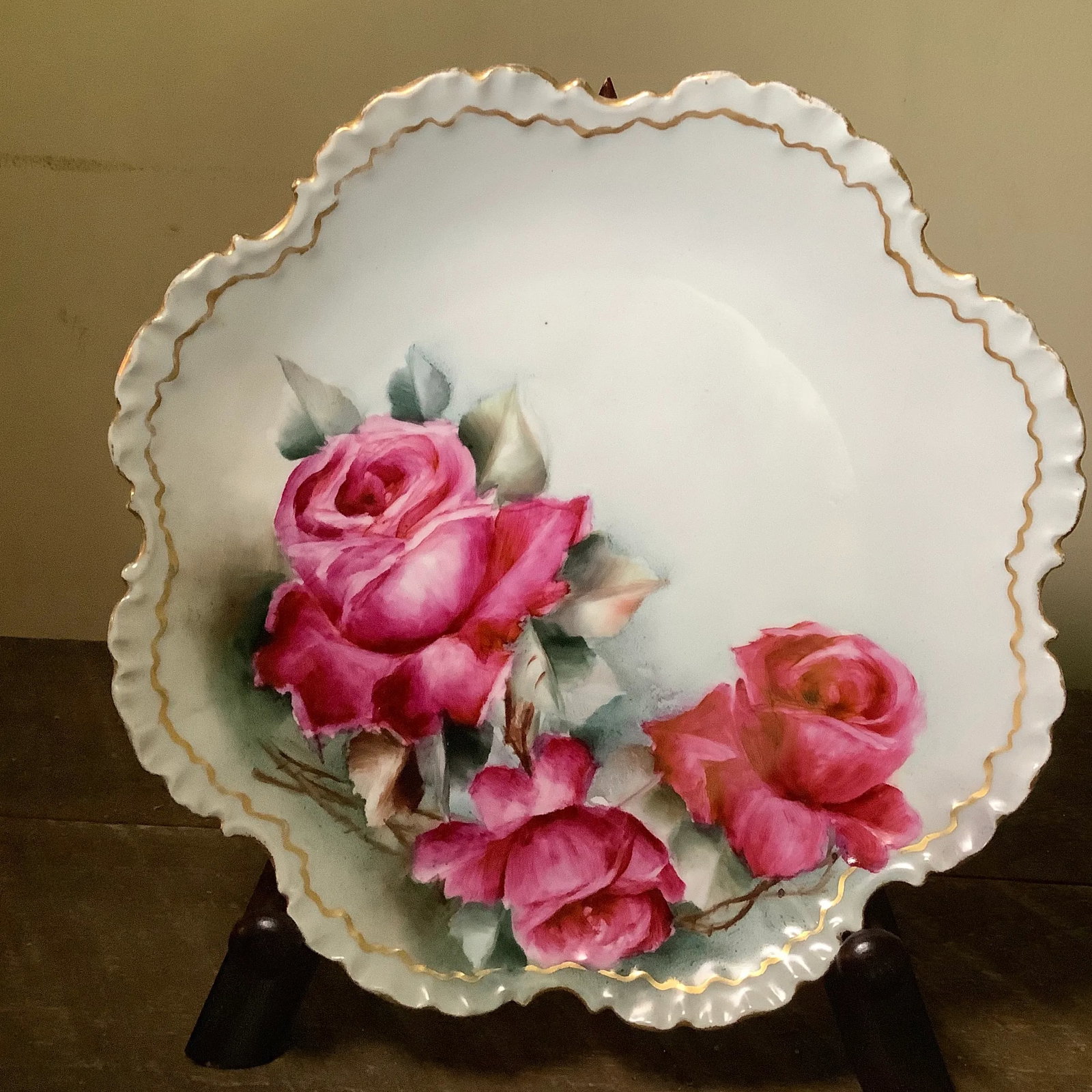 Bavarian Hand Painted Cabinet Plate Charger - Wall Art Featuring Cabbage Roses - 3