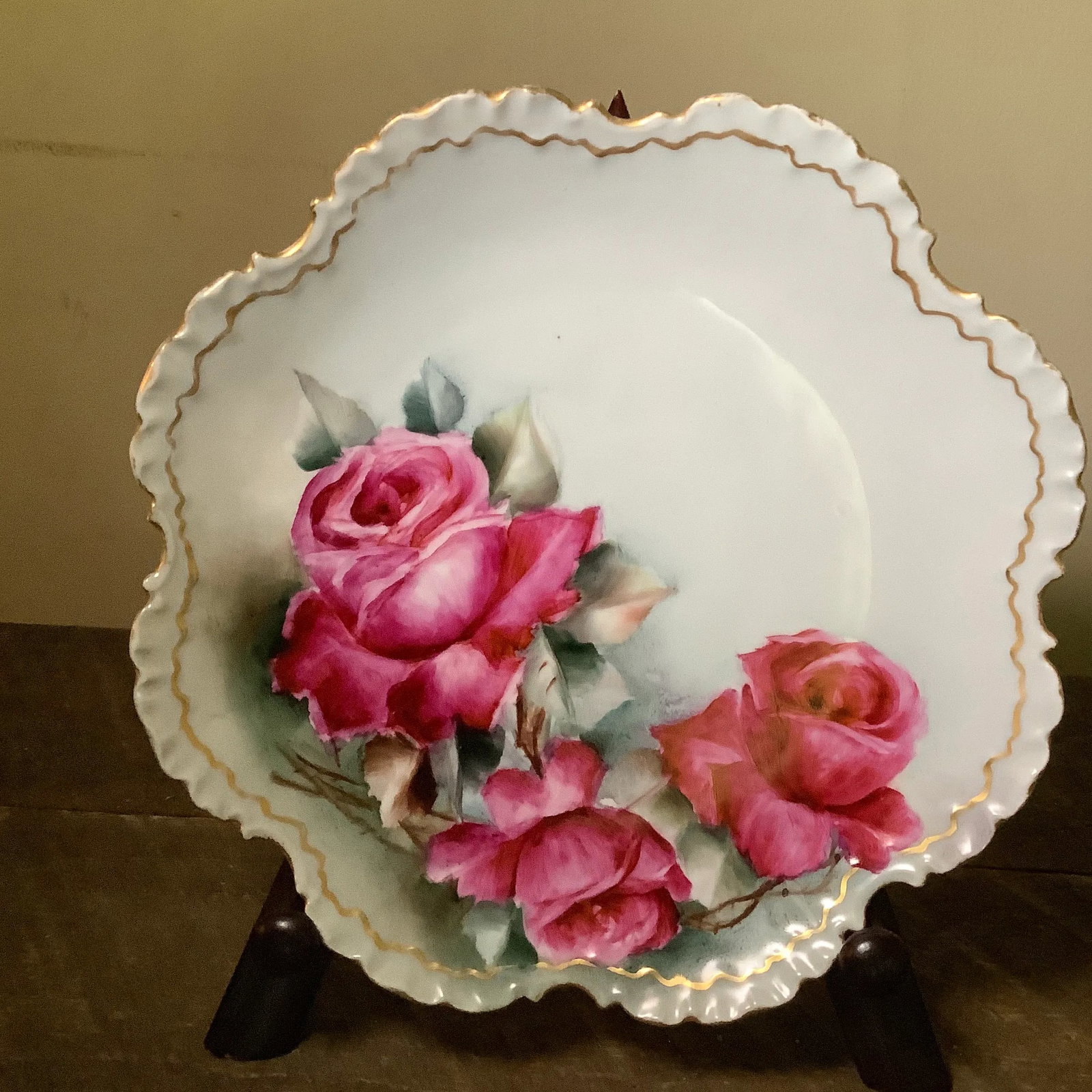 Bavarian Hand Painted Cabinet Plate Charger - Wall Art Featuring Cabbage Roses - 5