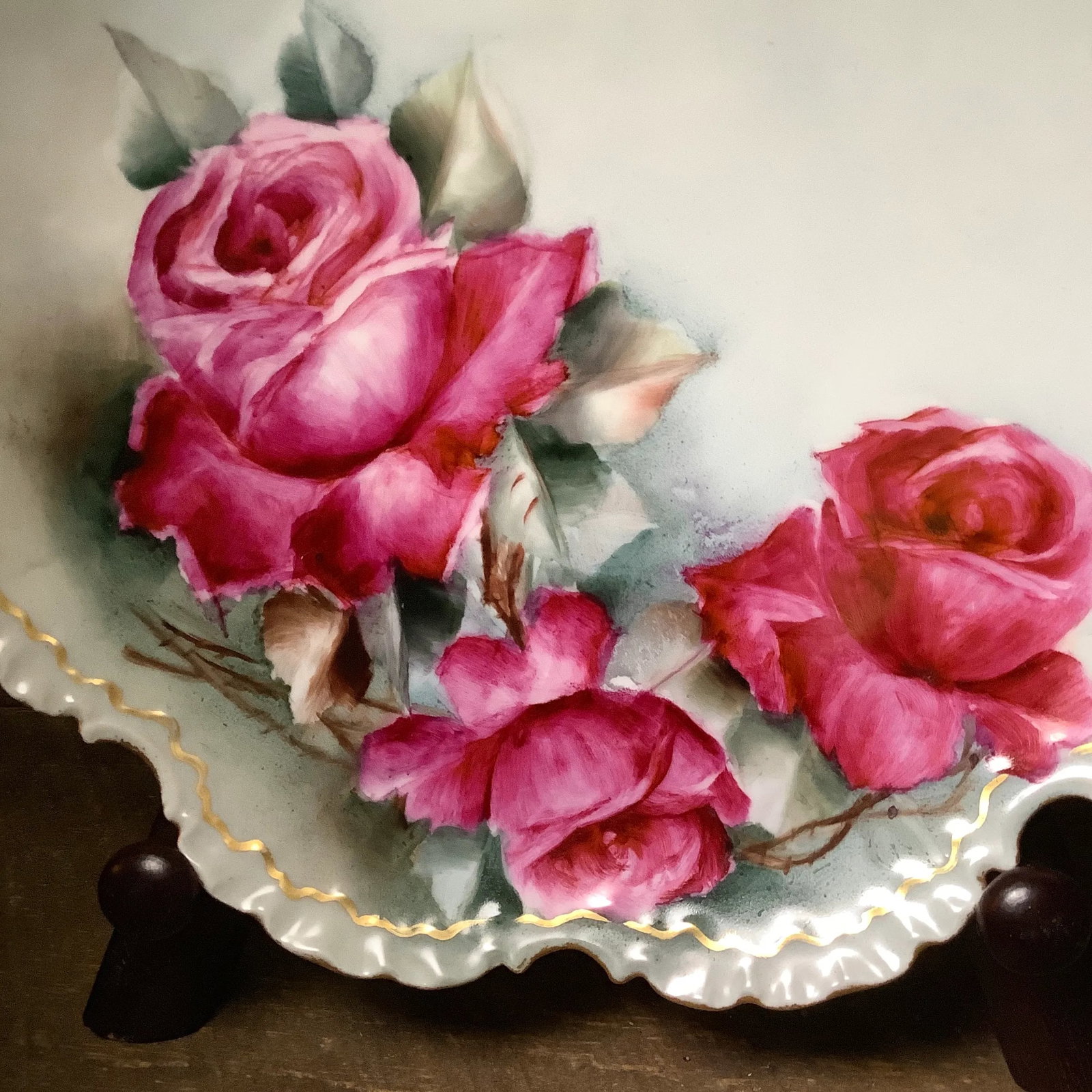 Bavarian Hand Painted Cabinet Plate Charger - Wall Art Featuring Cabbage Roses - 6