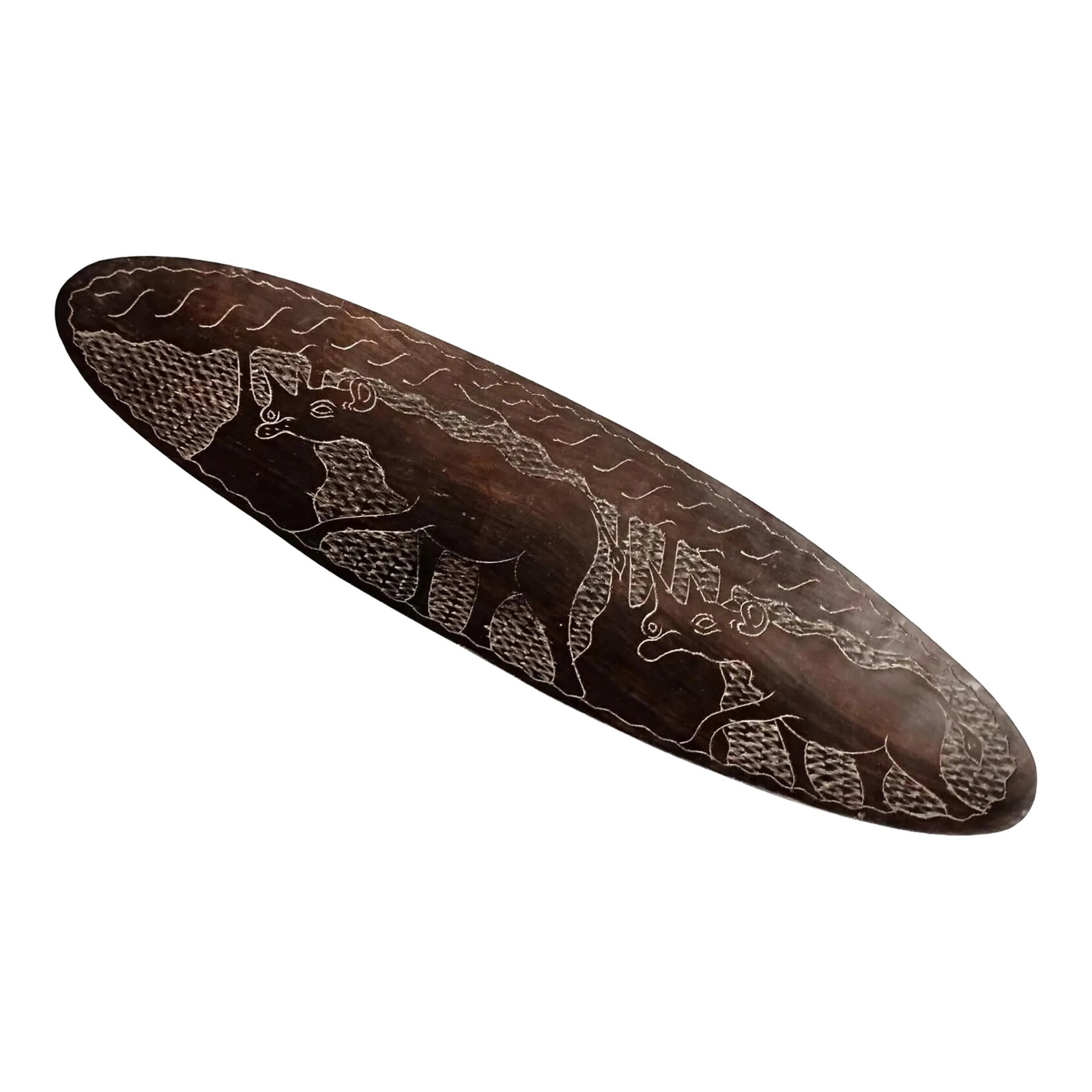 Antique Hand-Carved African Wooden Tray With Rhinoceros and Savanna Decor: This exquisite antique tray is crafted from precious wood and features a hand-carved design depicting a rhinoceros in a savanna landscape. A fine example of African art, this piece showcases detailed