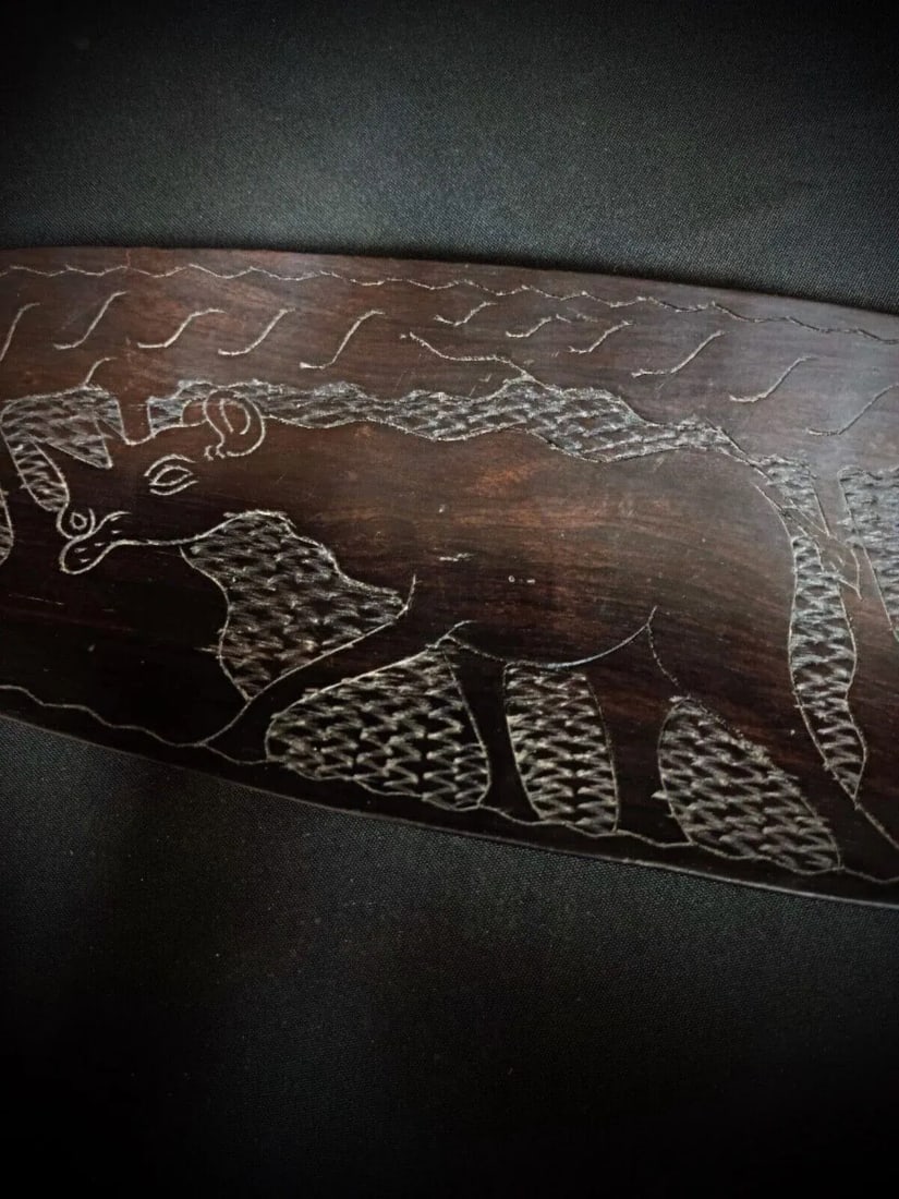 Antique Hand-Carved African Wooden Tray With Rhinoceros and Savanna Decor - 3