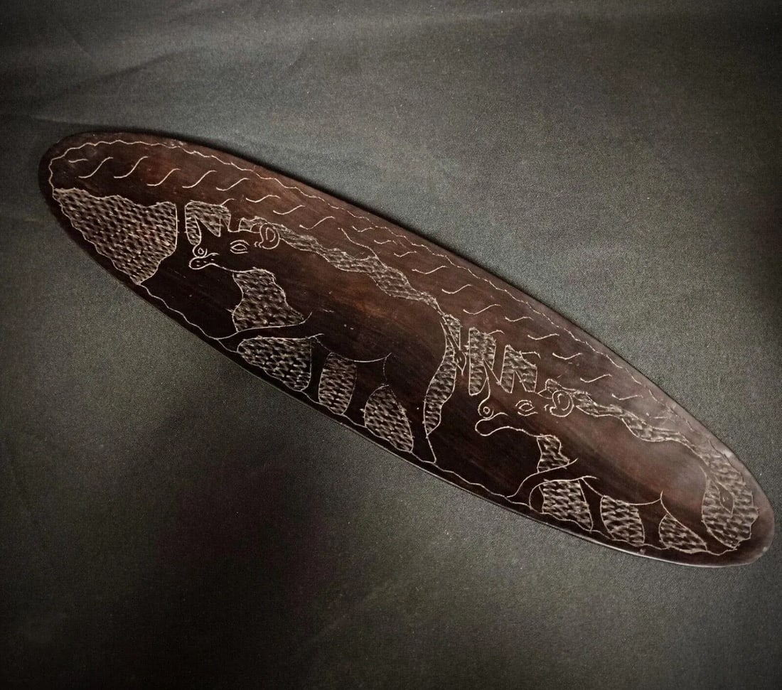 Antique Hand-Carved African Wooden Tray With Rhinoceros and Savanna Decor - 5