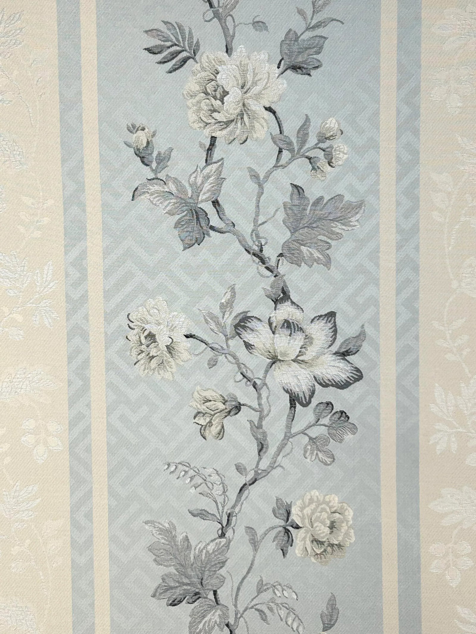 Fret's "Modern Floral" Jacquard- 29.5 Yards: Inspired from a 19th century hand-painted European silk panel, "Modern Floral" Lampas was woven in Italy. Great for upholstery or window treatments 2 bolts of the same production lot: 17.50 yds + 12