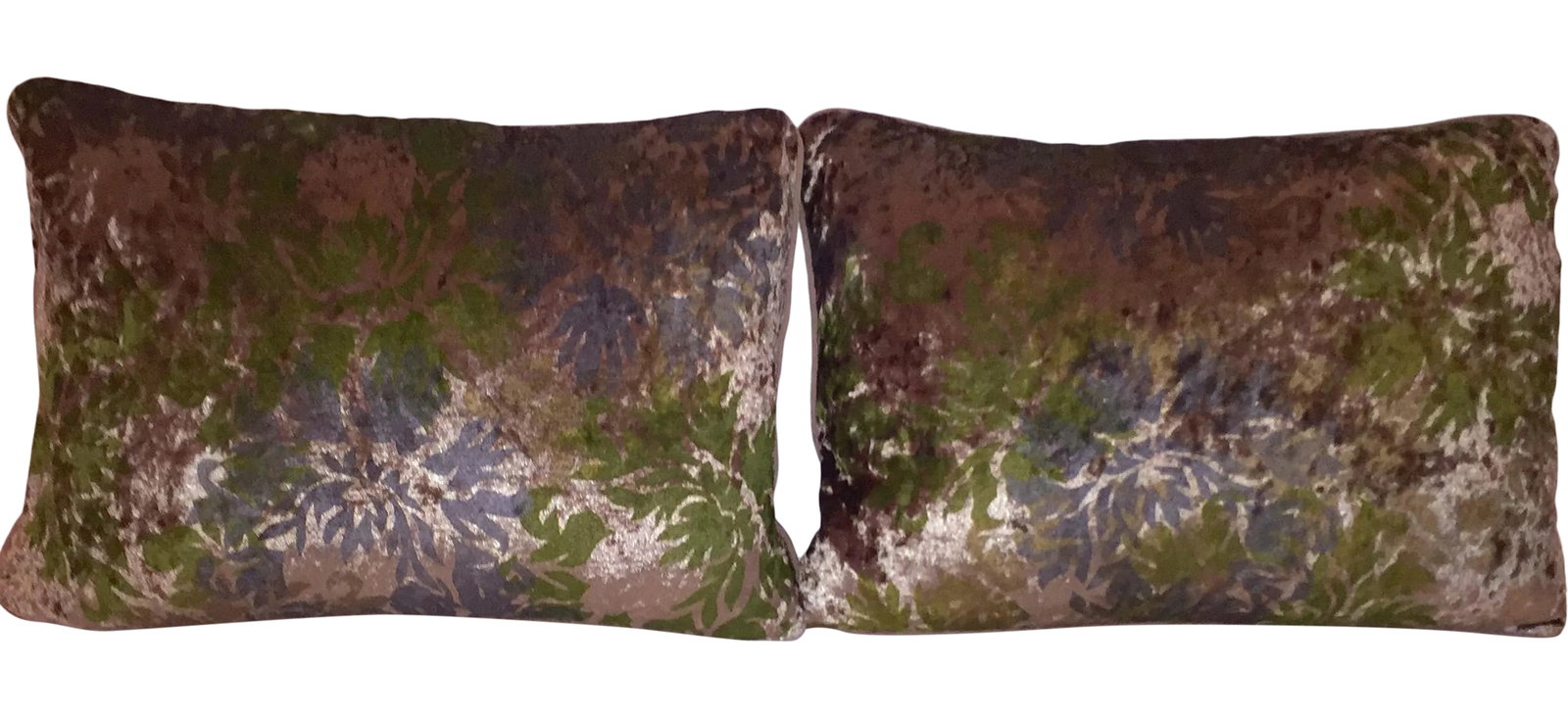 Venetian Printed Velvet Pillows- a Pair: Pair of pillows made of hand-printed Venetian Velvet textile on front. French grosgrain welting, solid silk velvet back. Hand picked zipper closure. 100% Down insert Condition: Alterations: Original