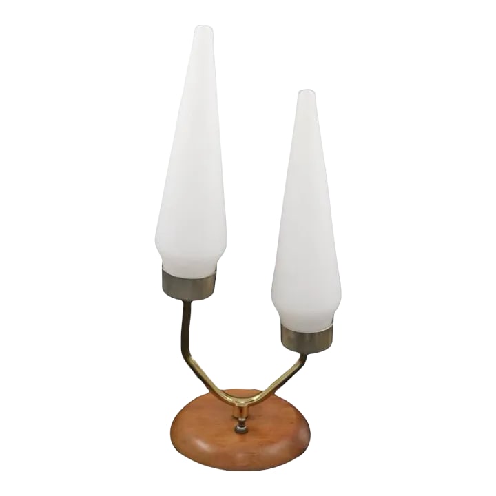 1960s Mid-Century Table Lamp: Mid century modern table lamp. Features duel lamps set on a tapered round wood base. 8730 Condition: Alterations: Original Condition Unaltered Imperfections: Some Imperfections Condition Notes: