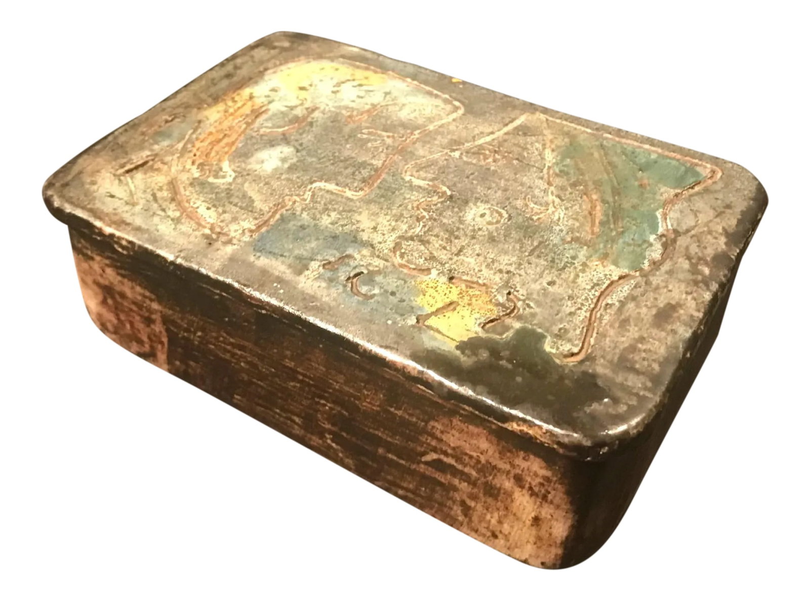 1970s Vintage Handmade Drip Glaze Decorative Mid Century Pottery Box by Tyrone Larsen: This is a very special mid-century modern ceramic box by the Asheville, North Carolina potter, Tyrone Larsen. Although his creations are beautiful, this box is exceptional. The decoration on the lid s