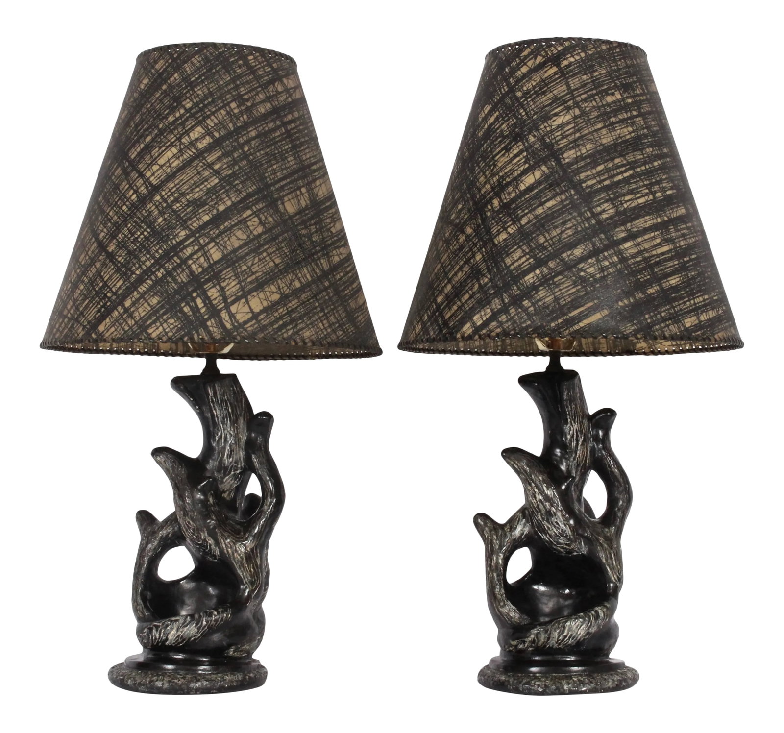 1950 P. Sanfilippo California Modern Black & White Chalkware Table Lamps - a Pair: California Contemporary Hand Sculpted Pair of Black and White Table Lamps by P. Sanfillipo. Featuring a hand carved open organic modern White chalkware driftwood form, hand painted Black Satin finish